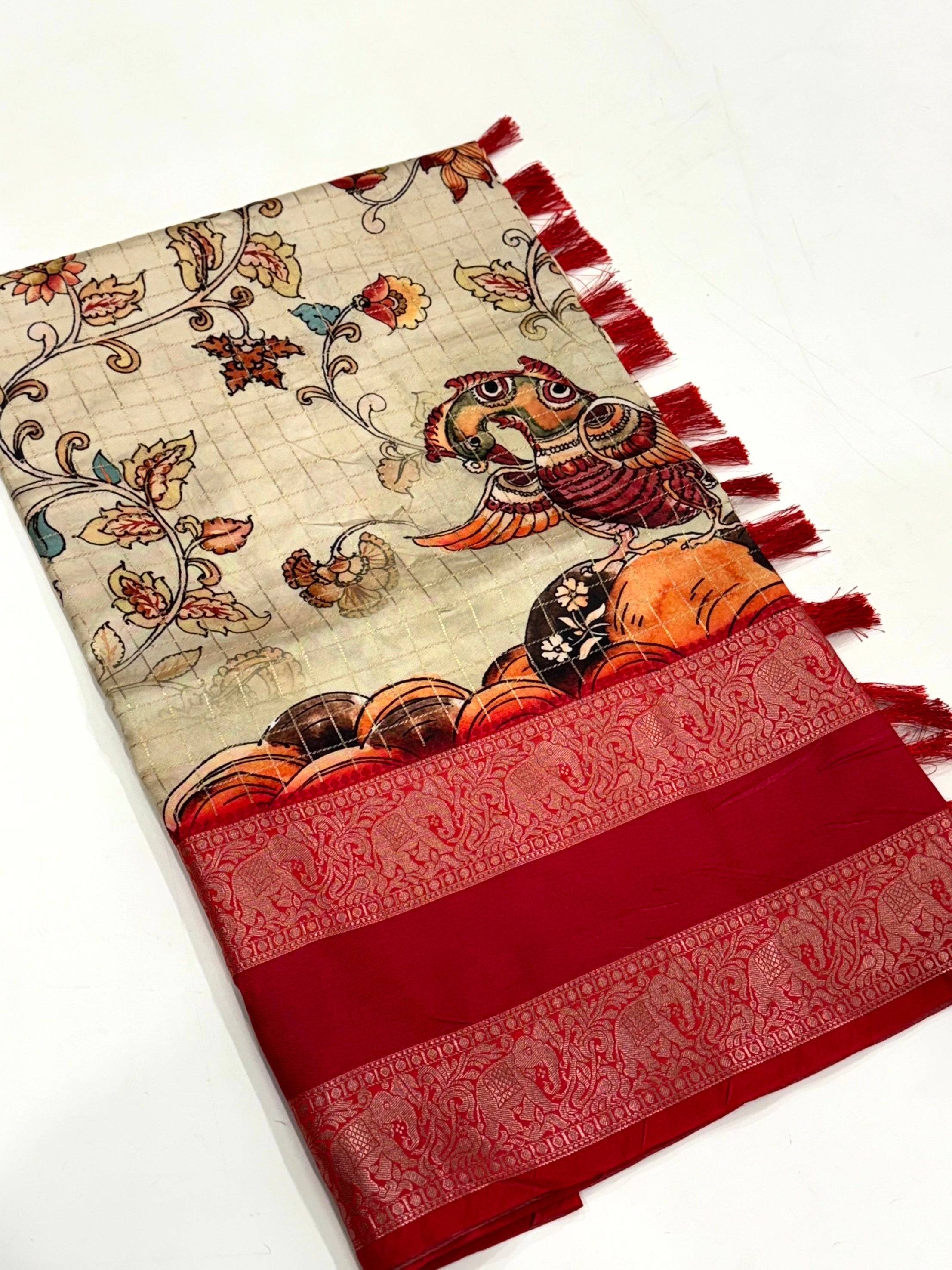 Ethereal Cream Kalamkari Printed Saree
