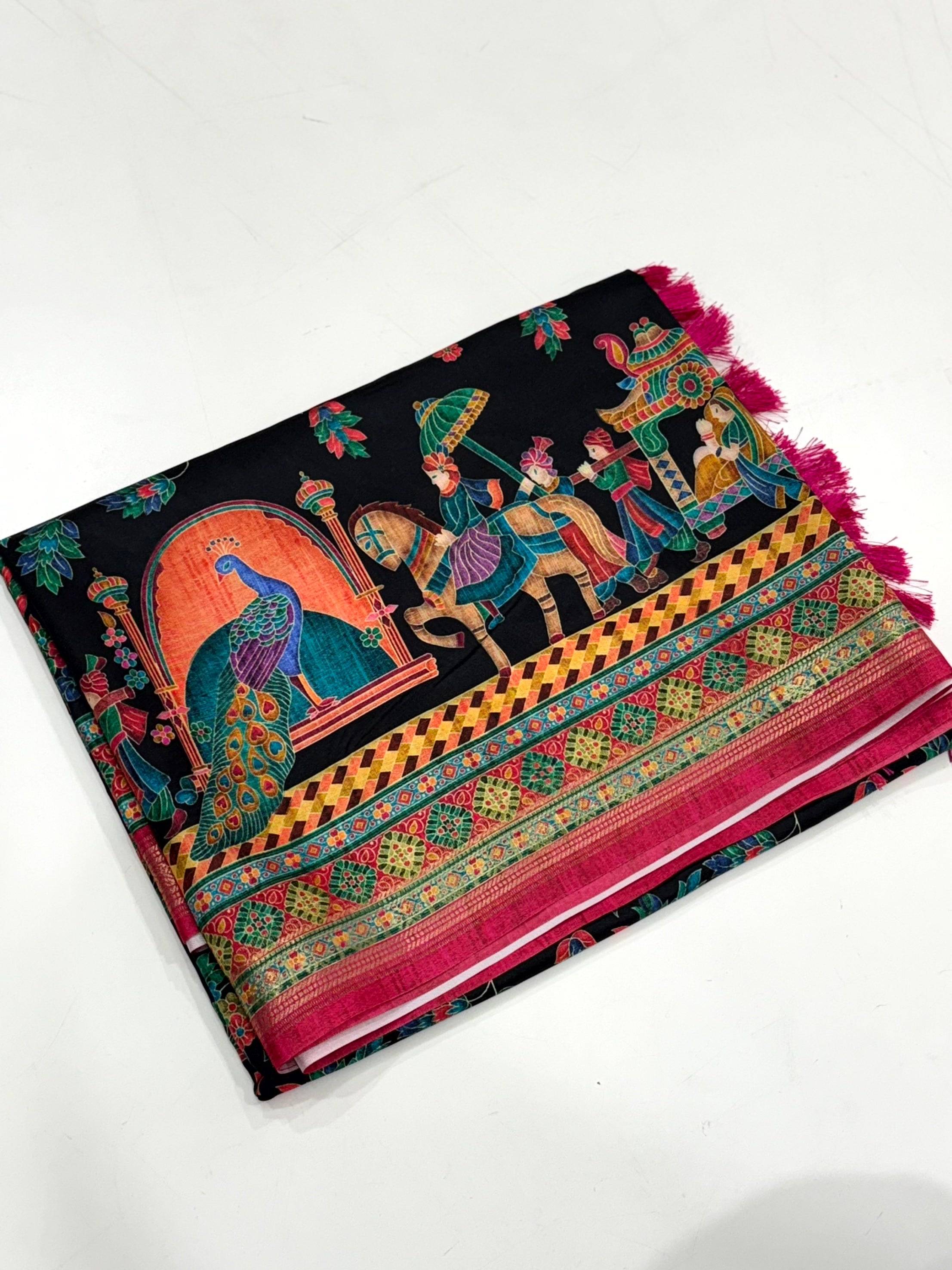 Black Soft Silk Pashmina Kashmiri Print Saree