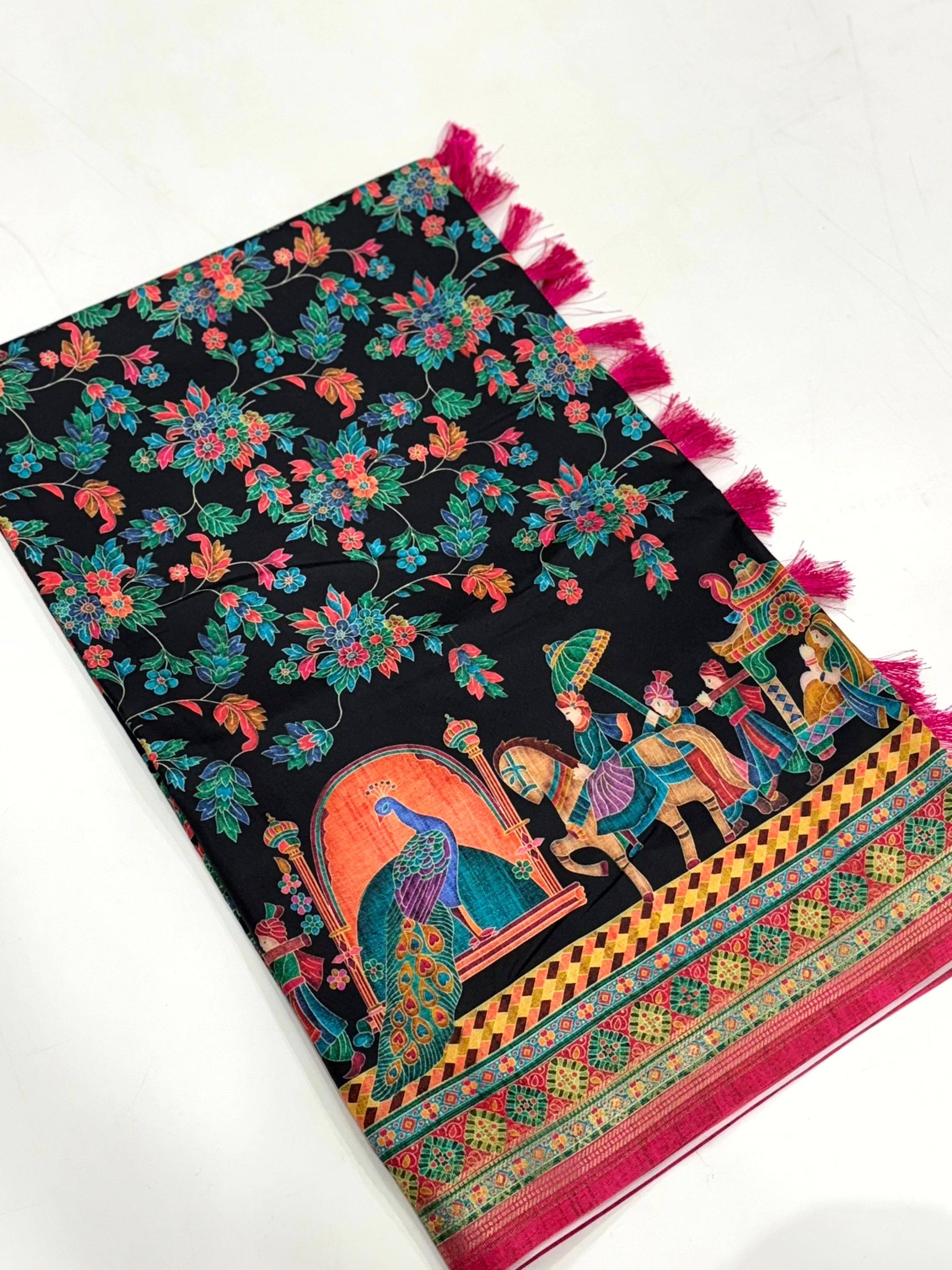 Black Soft Silk Pashmina Kashmiri Print Saree