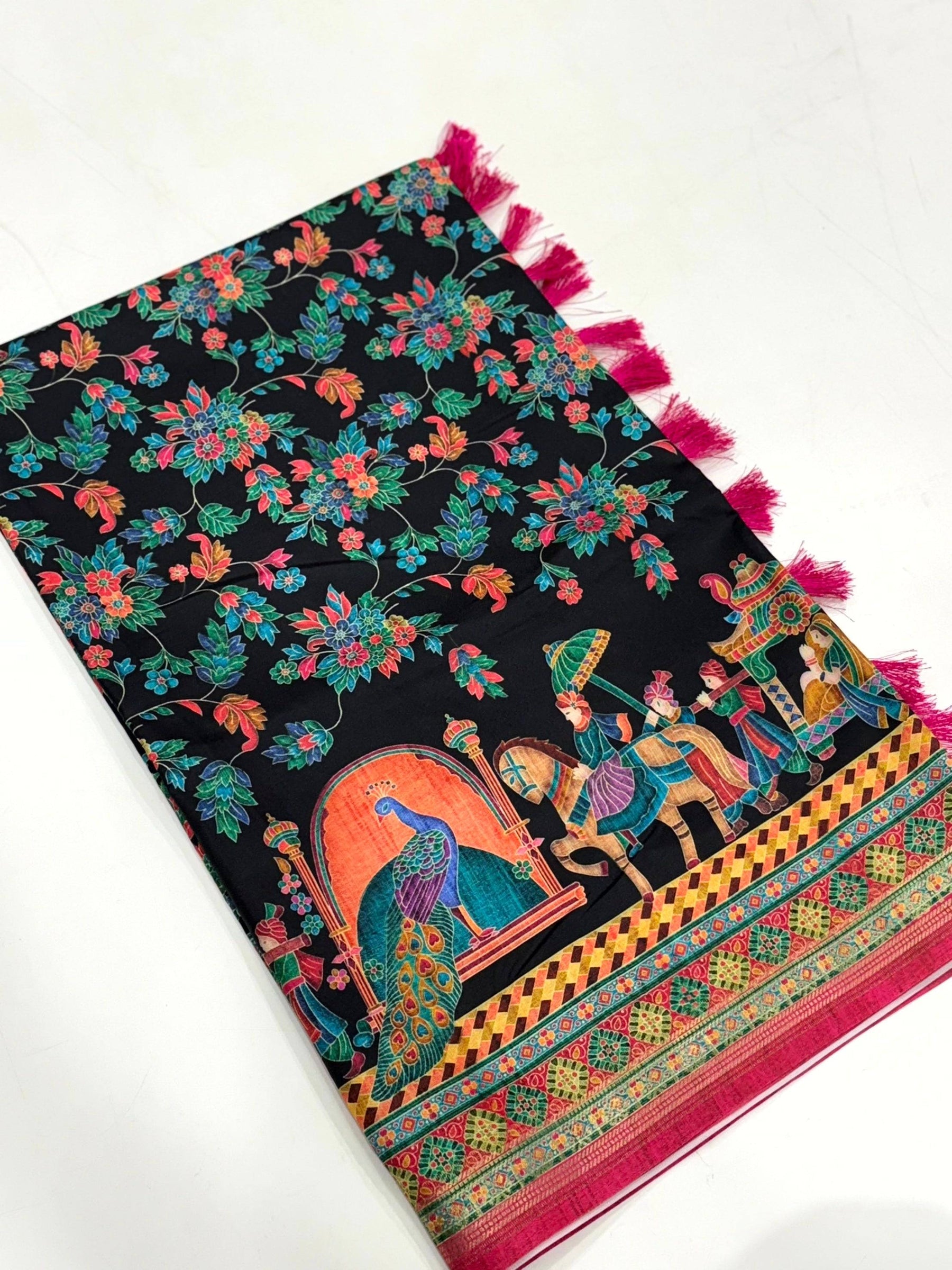 Black Soft Silk Pashmina Kashmiri Print Saree