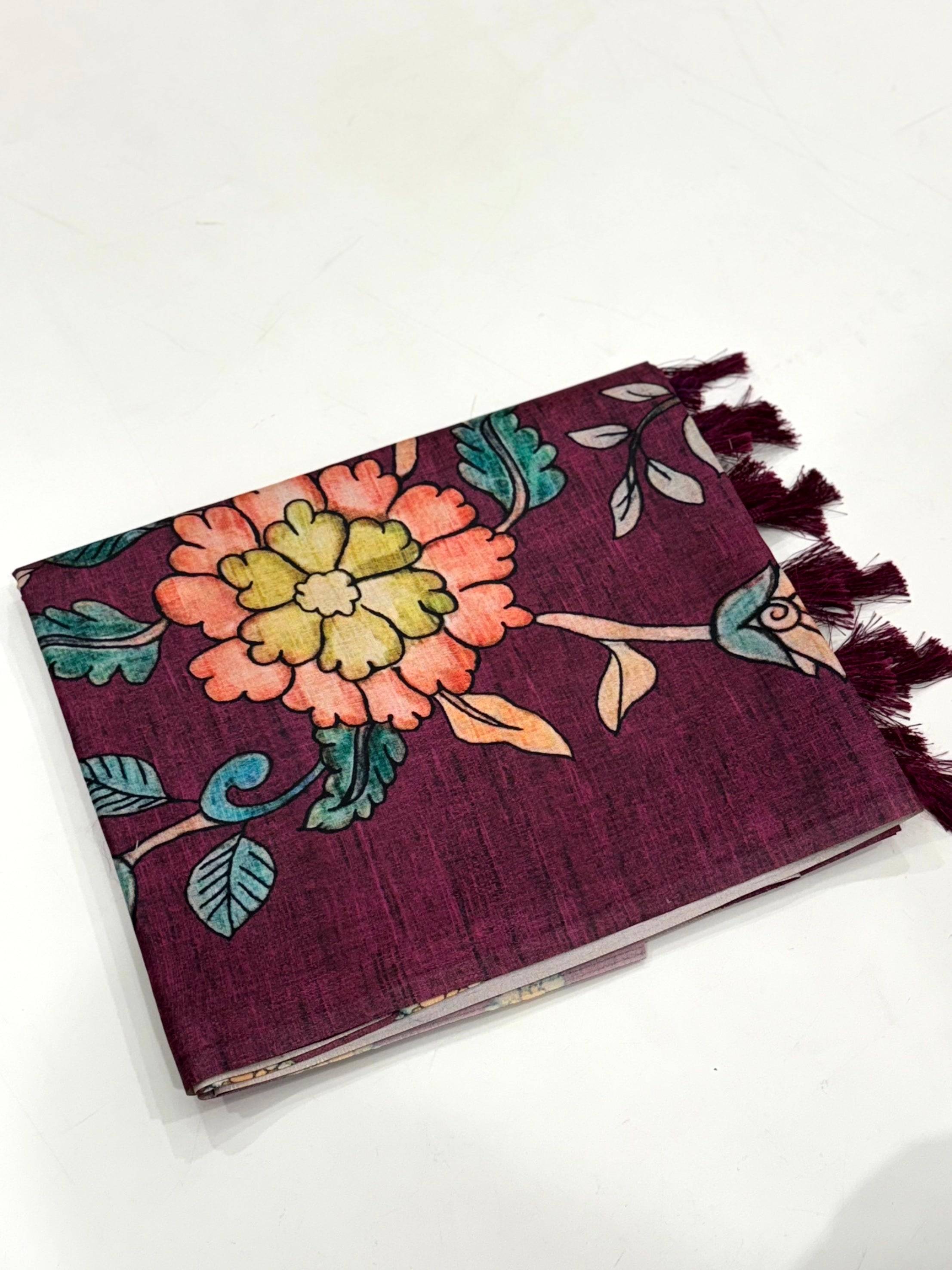 Wine Soft Semi Tussar Digital Print Saree