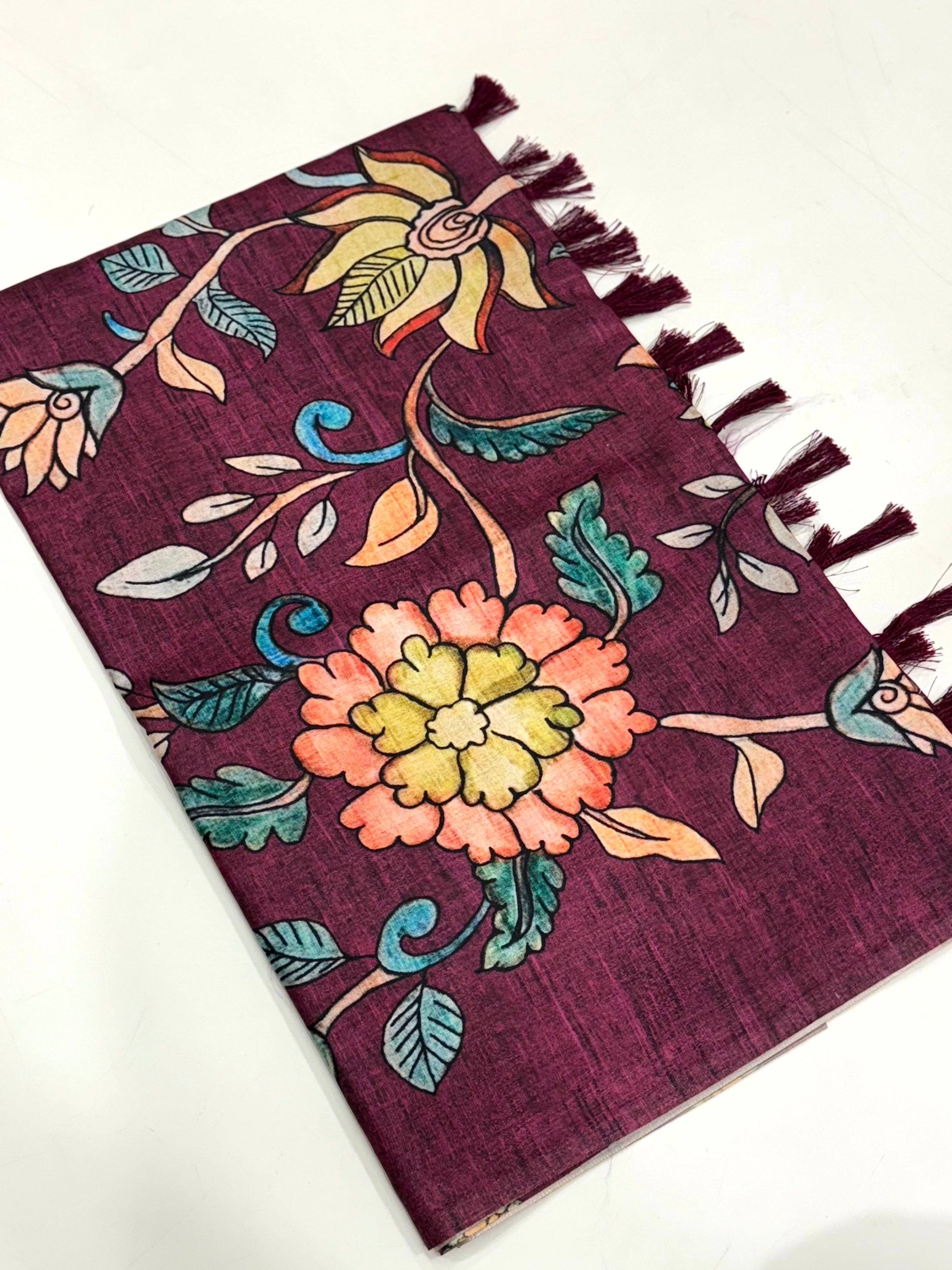 Wine Soft Semi Tussar Digital Print Saree
