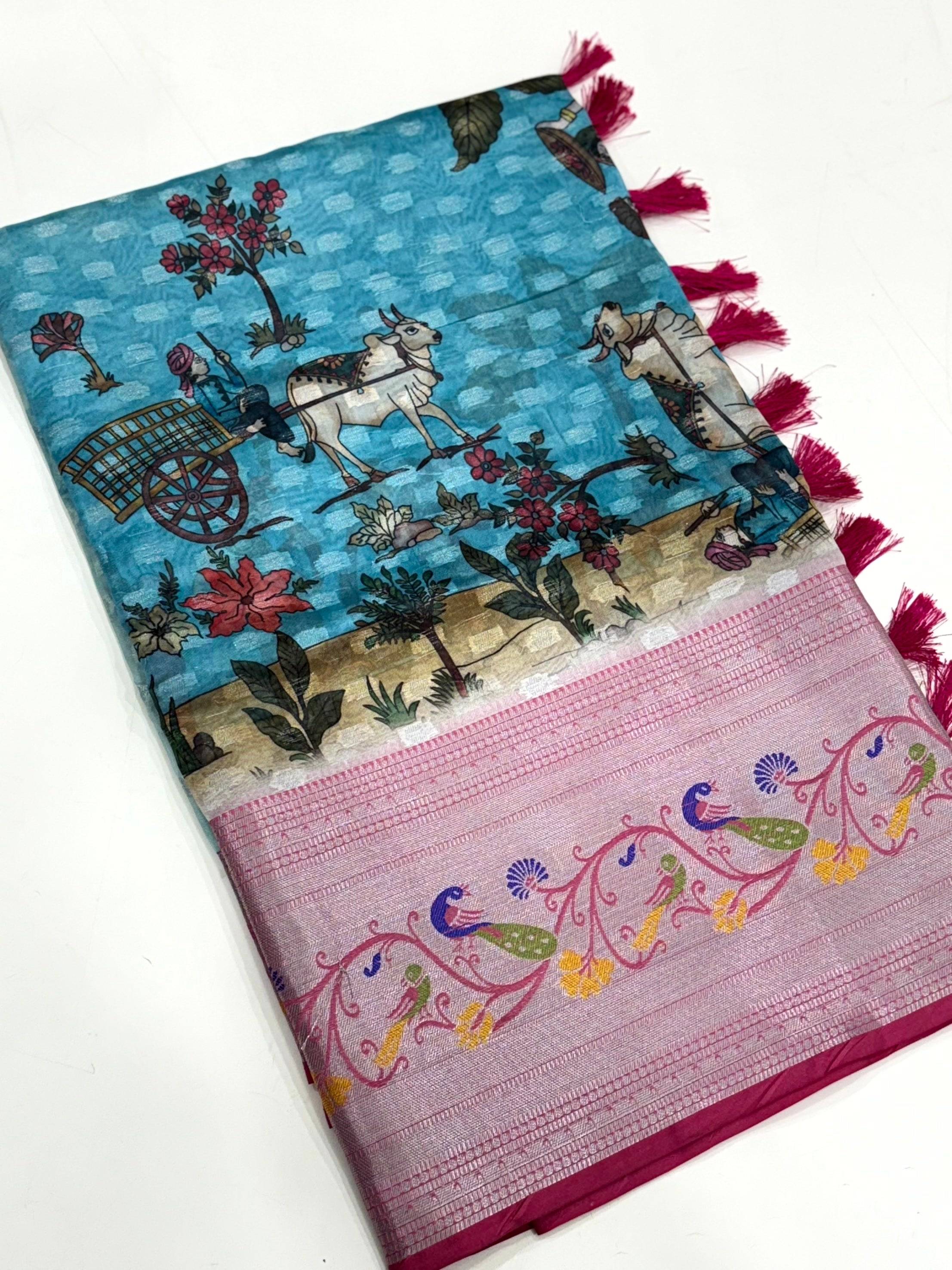 Sky Blue Organza Tissue Saree