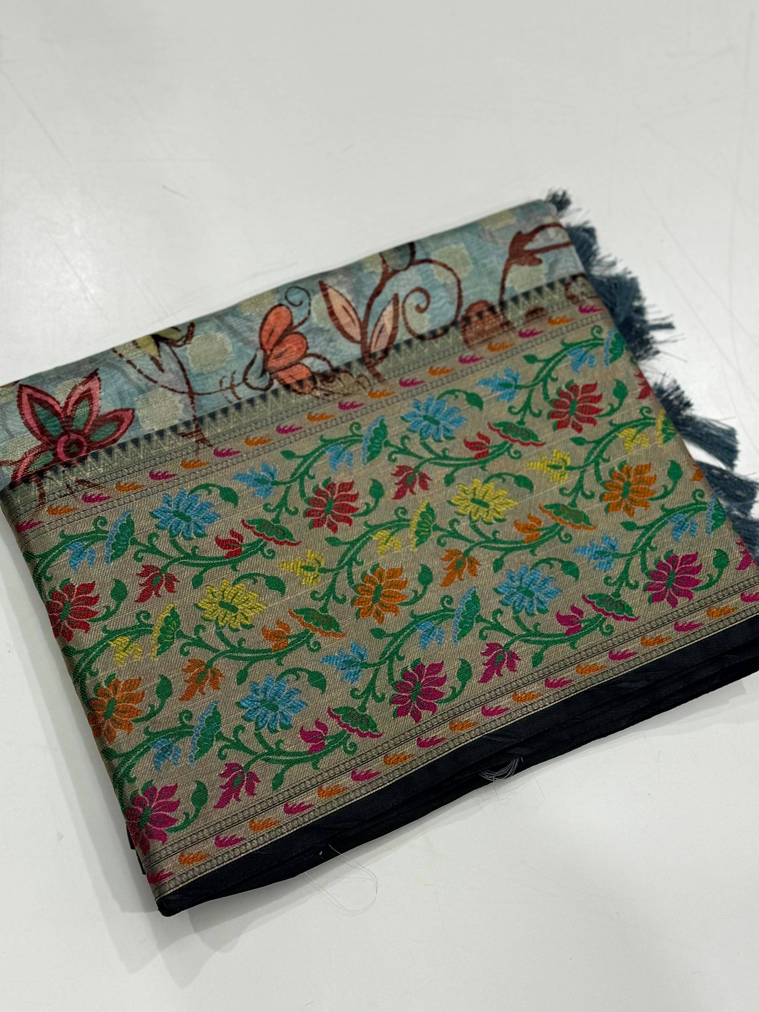 Sky Blue Kalamkari Printed Kora Tissue Saree