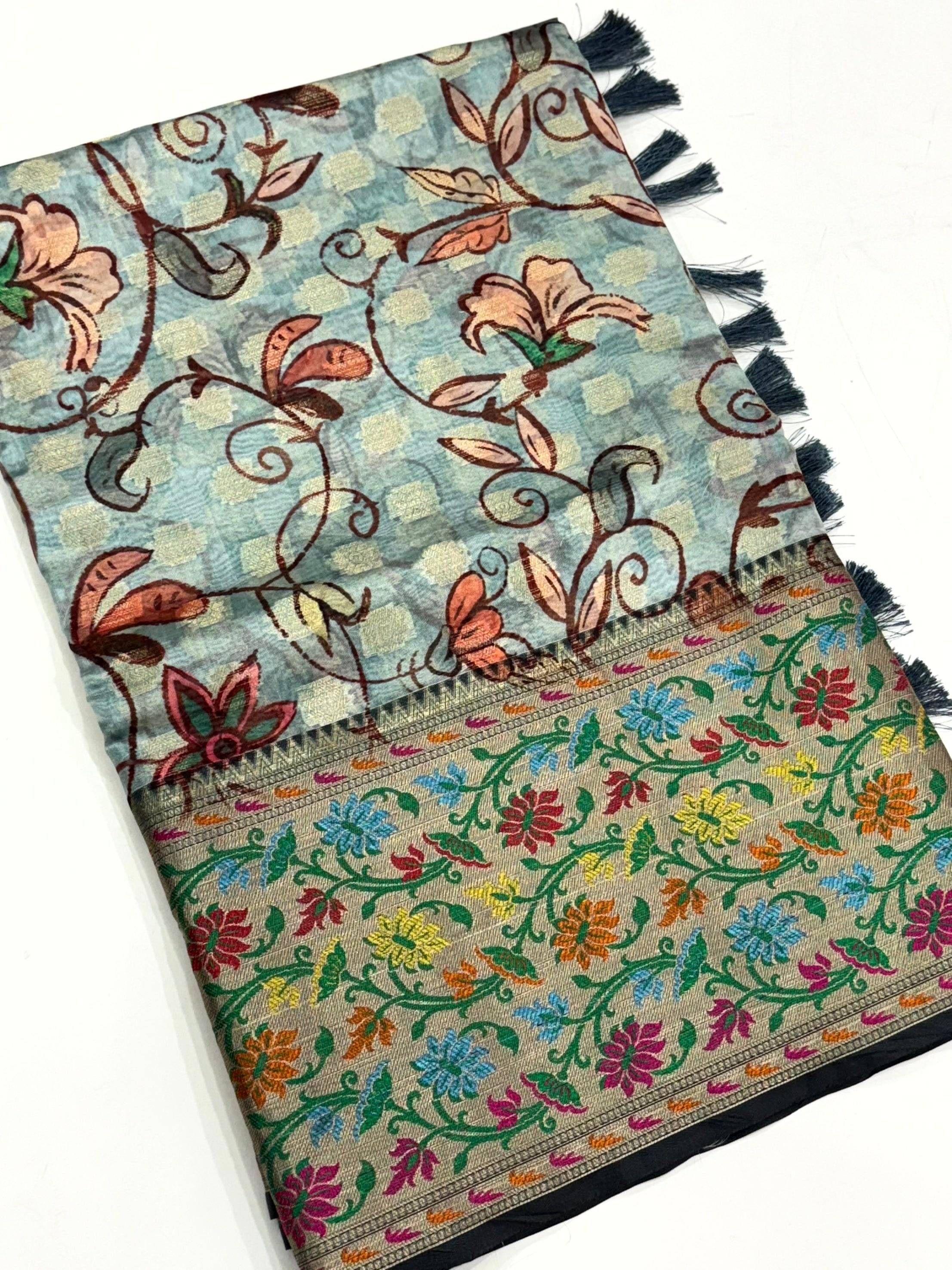 Sky Blue Kalamkari Printed Kora Tissue Saree