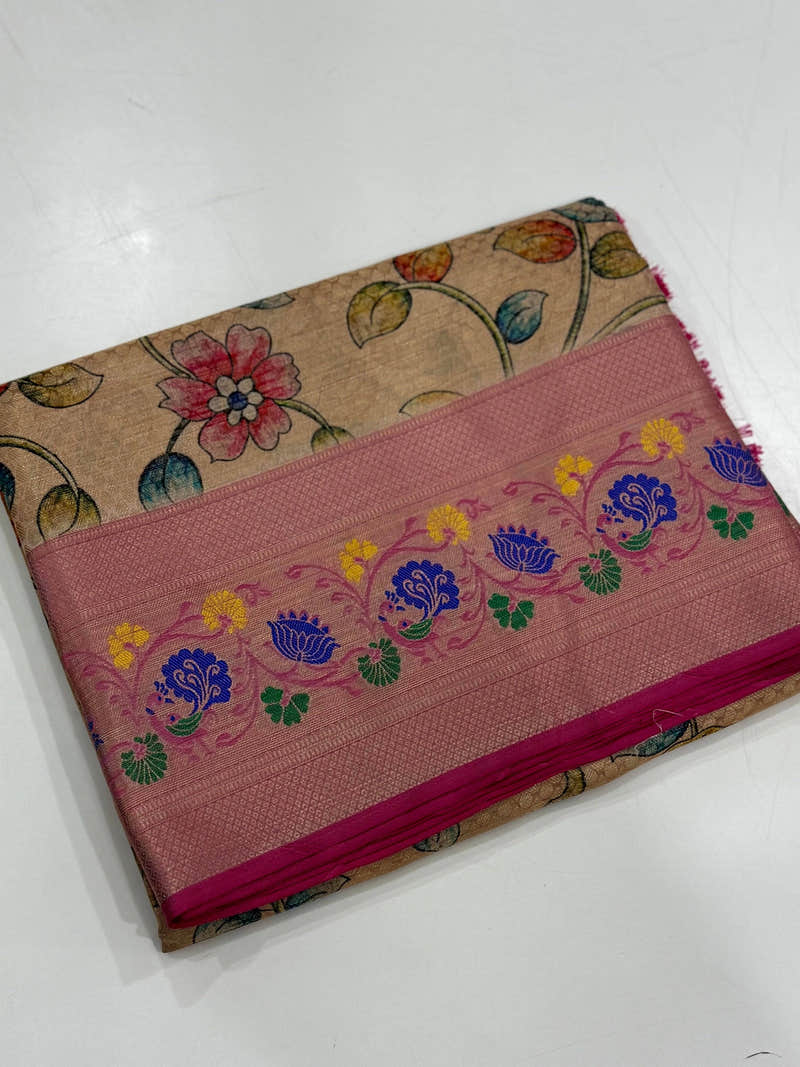 Beige Kalamkari Printed Kora Muslin Saree