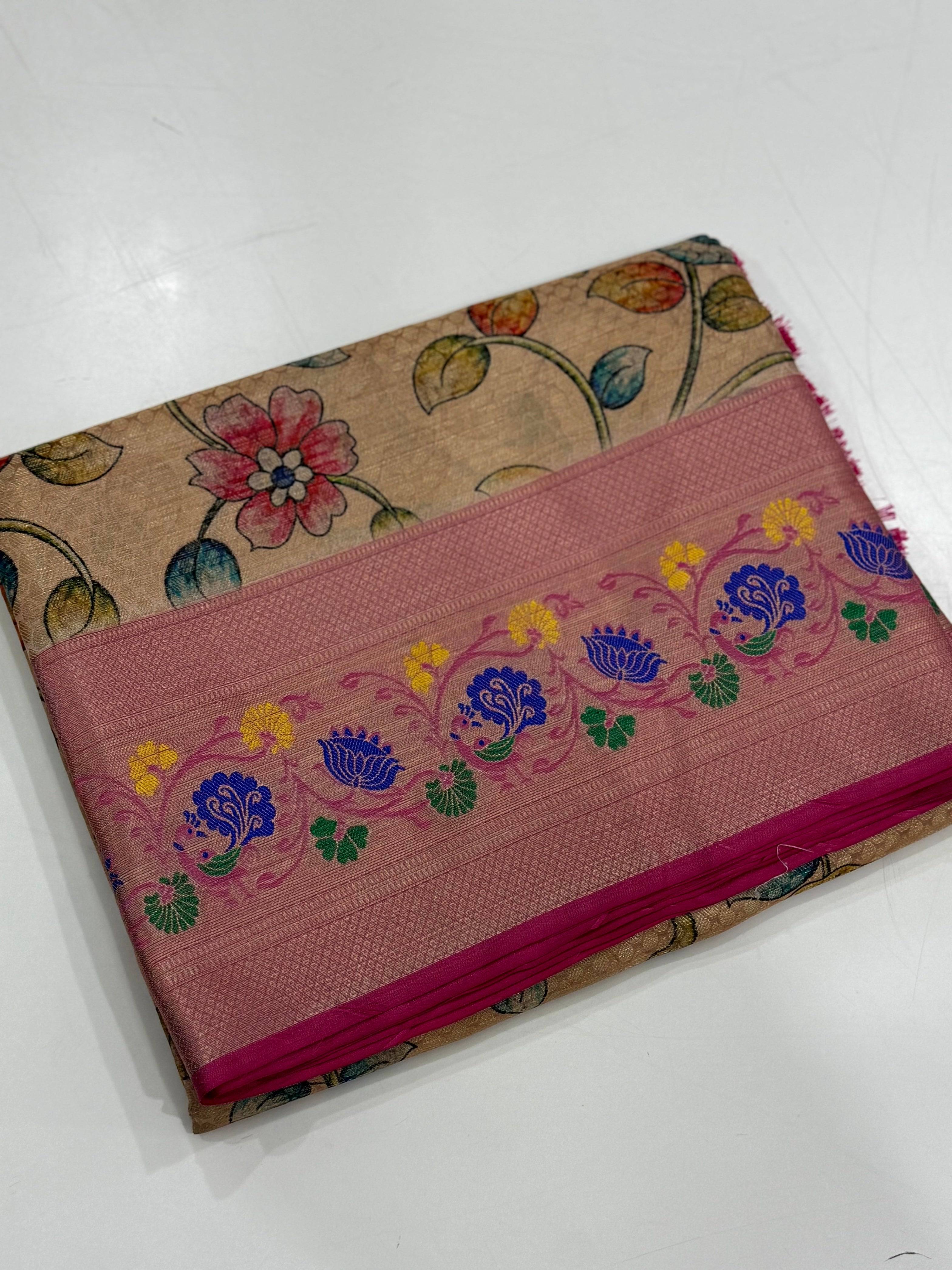 Beige Kalamkari Printed Kora Muslin Saree