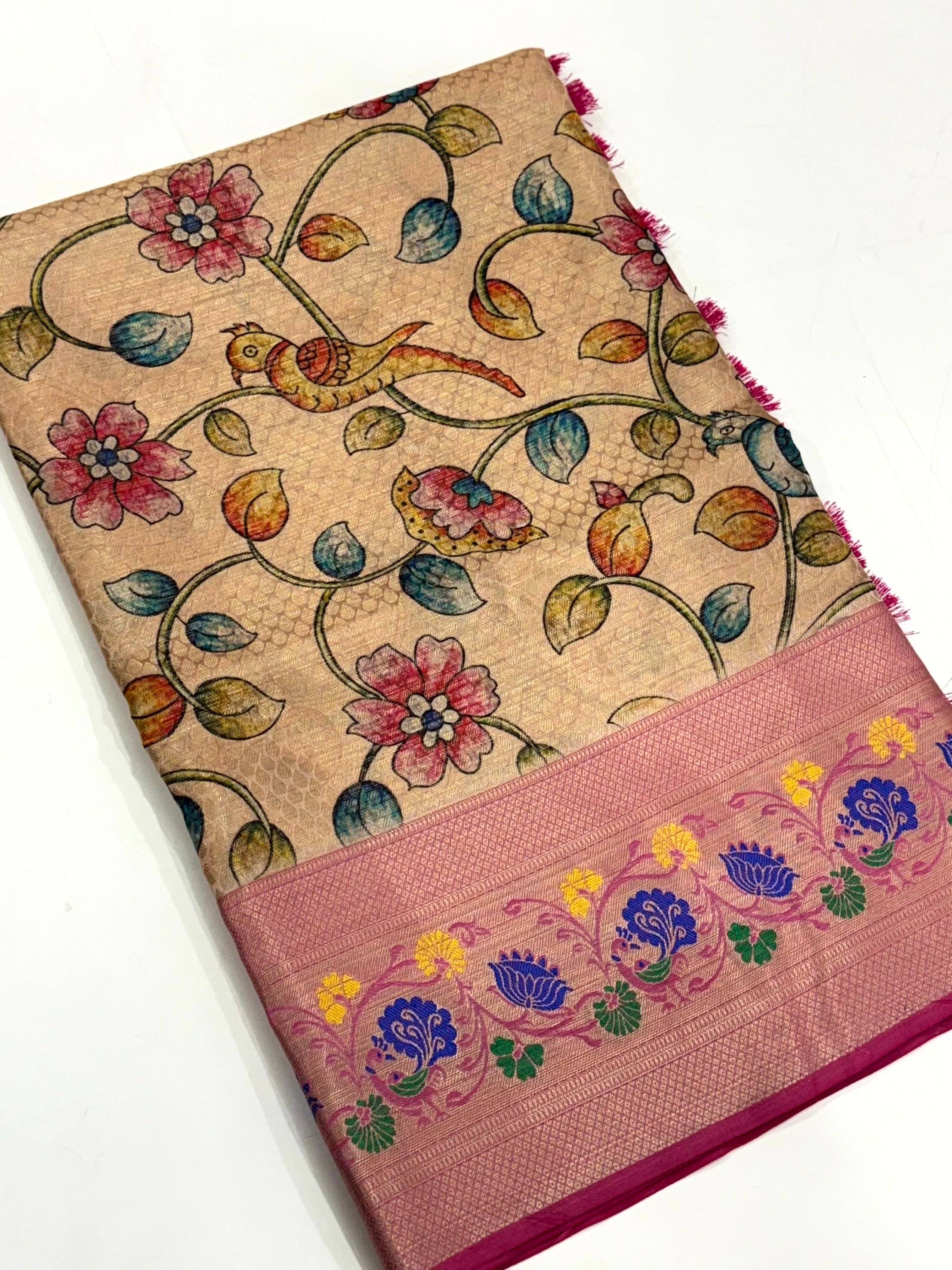 Beige Kalamkari Printed Kora Muslin Saree