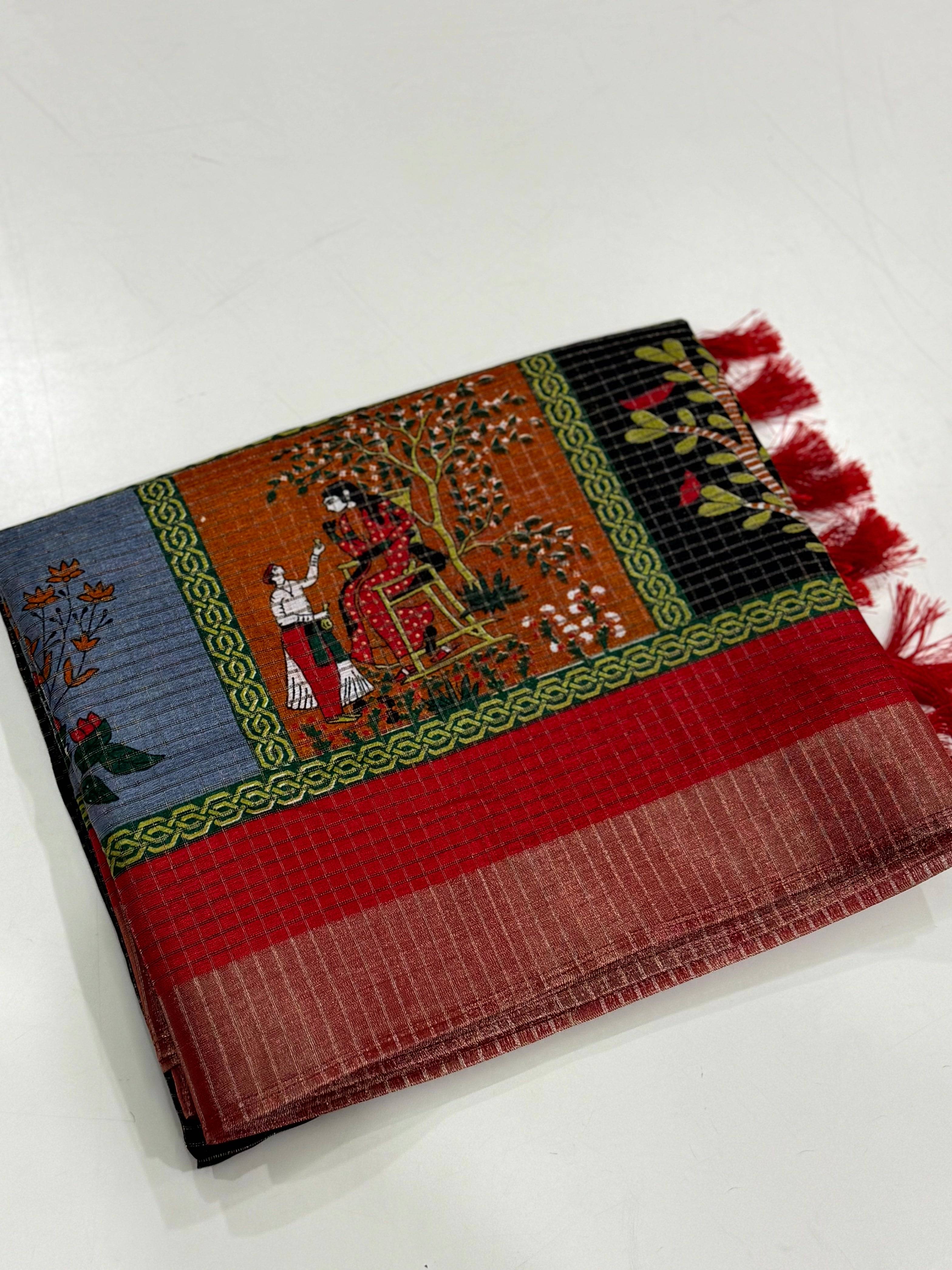 Black Pure Viscose Kalalmkari Print Saree