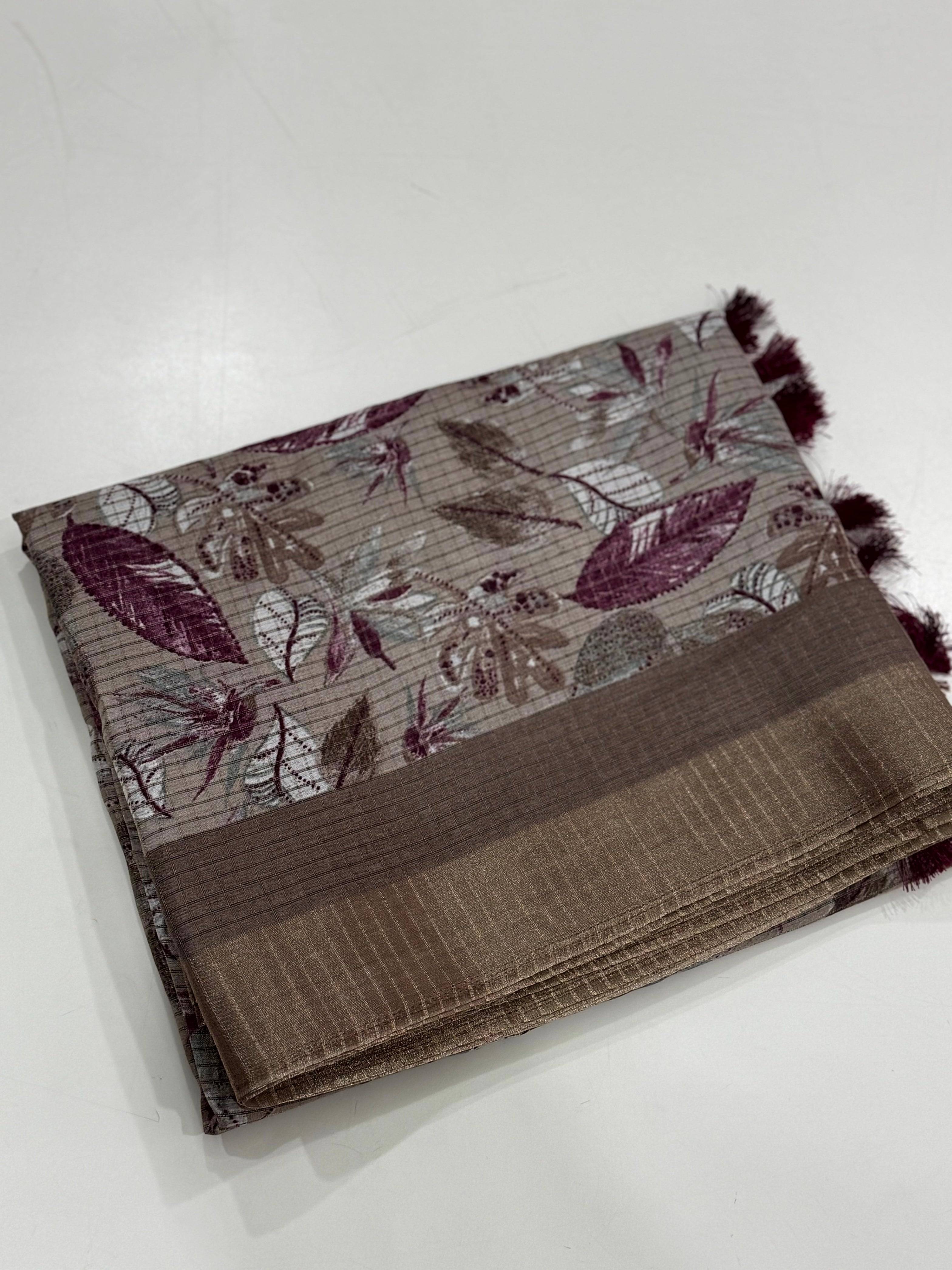 Taupe Tussar Chex Floral Print Saree