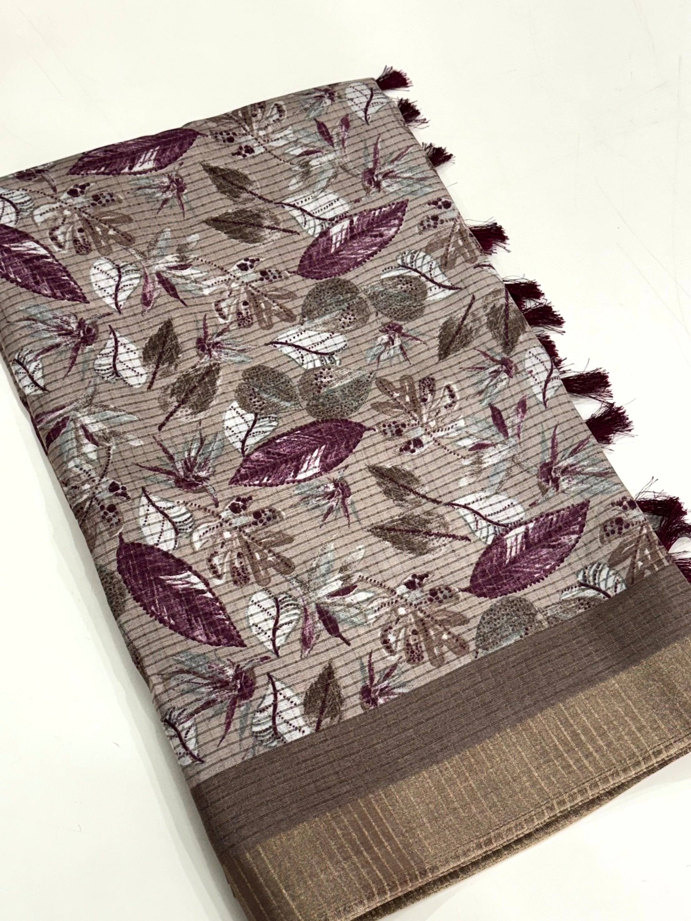 Taupe Tussar Chex Floral Print Saree