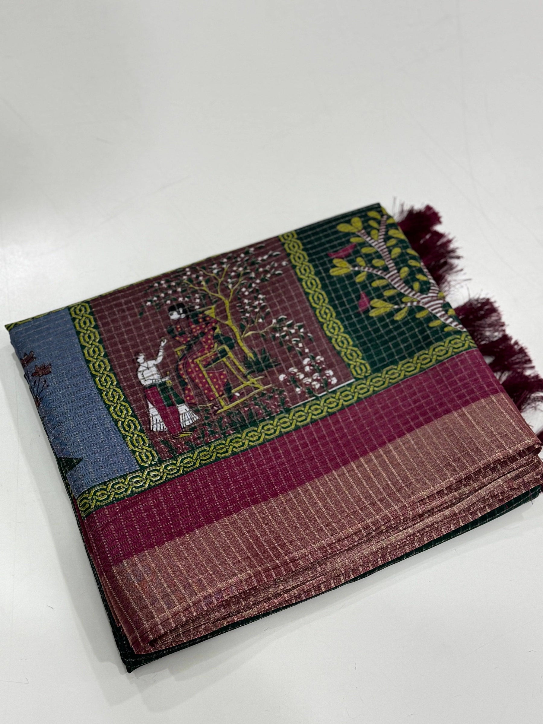 Bottle Green Pure Viscose Kalalmkari Print Saree