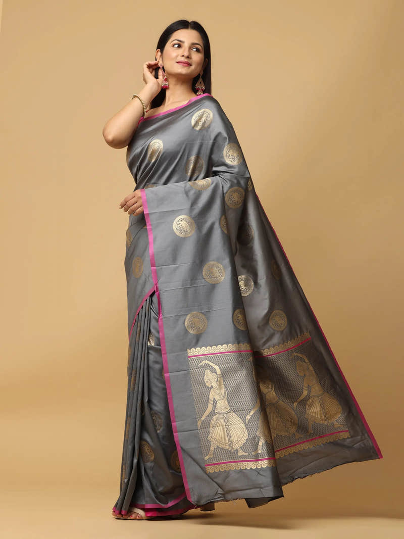 Grey Banarasi Katan Silk Zari Weaving Saree with Dancer Pallu