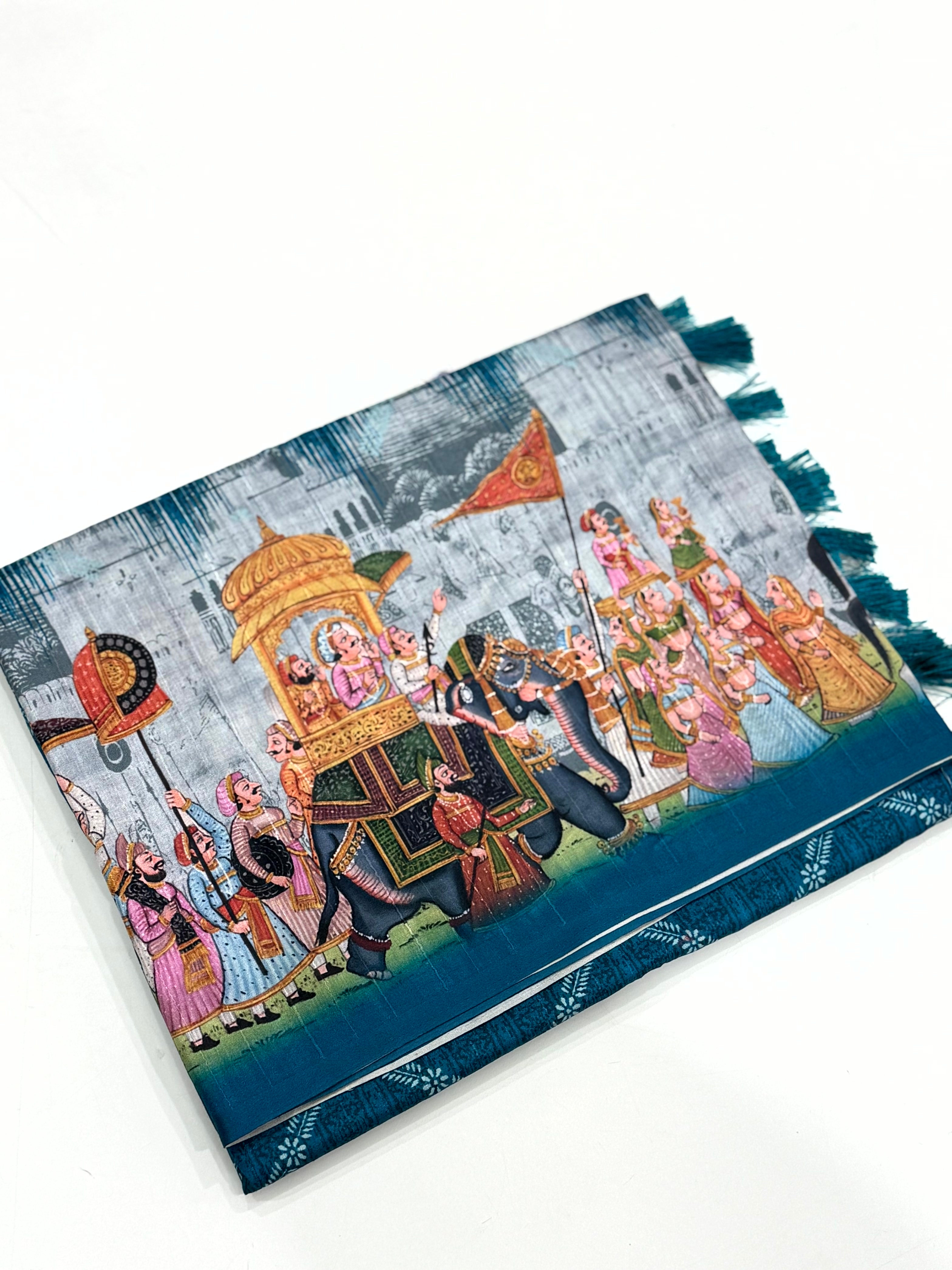 Teal Kalamkari Digital Printed Saree