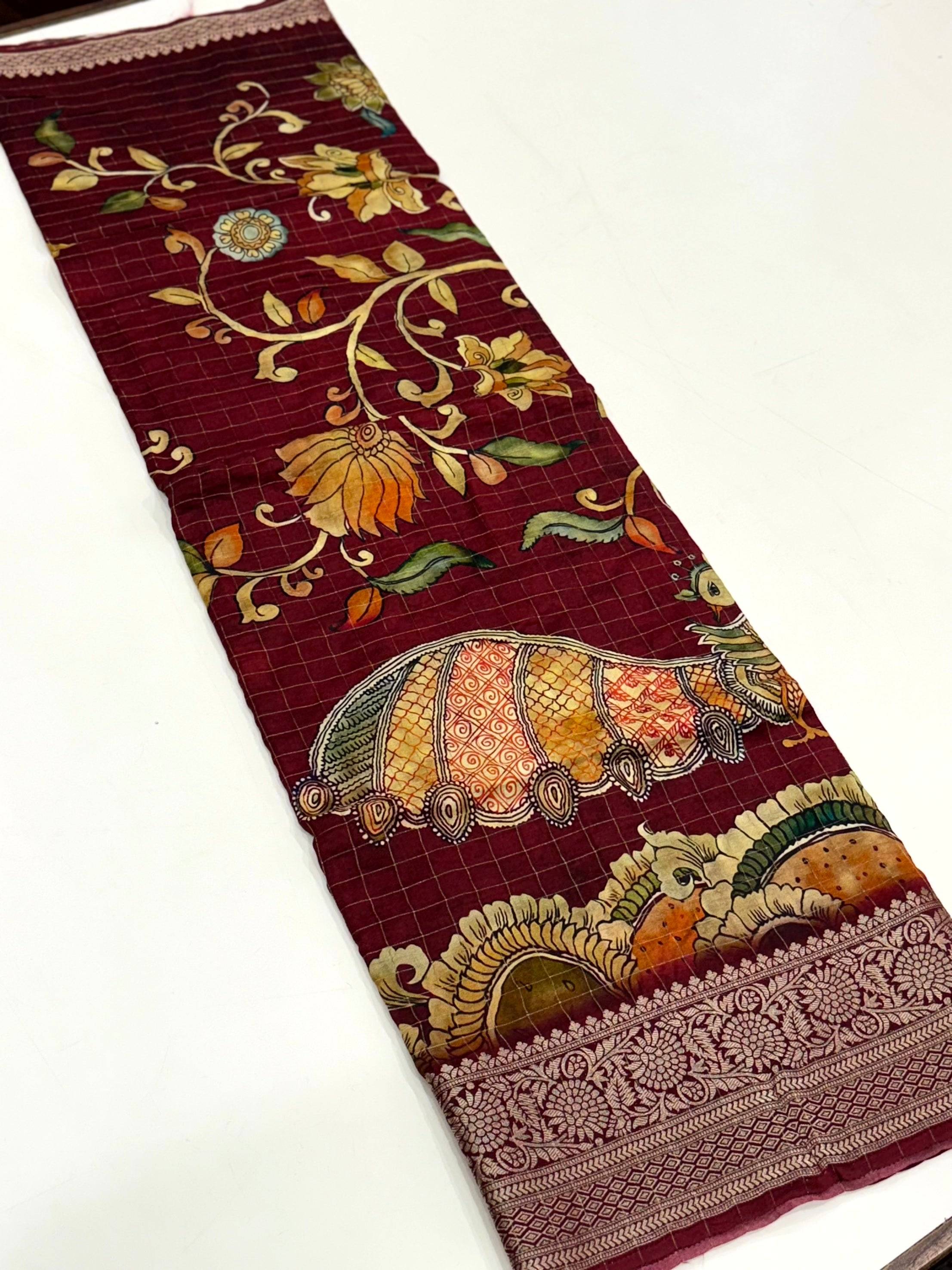 Deep Maroon Pure Viscose Kalalmkari Print Saree