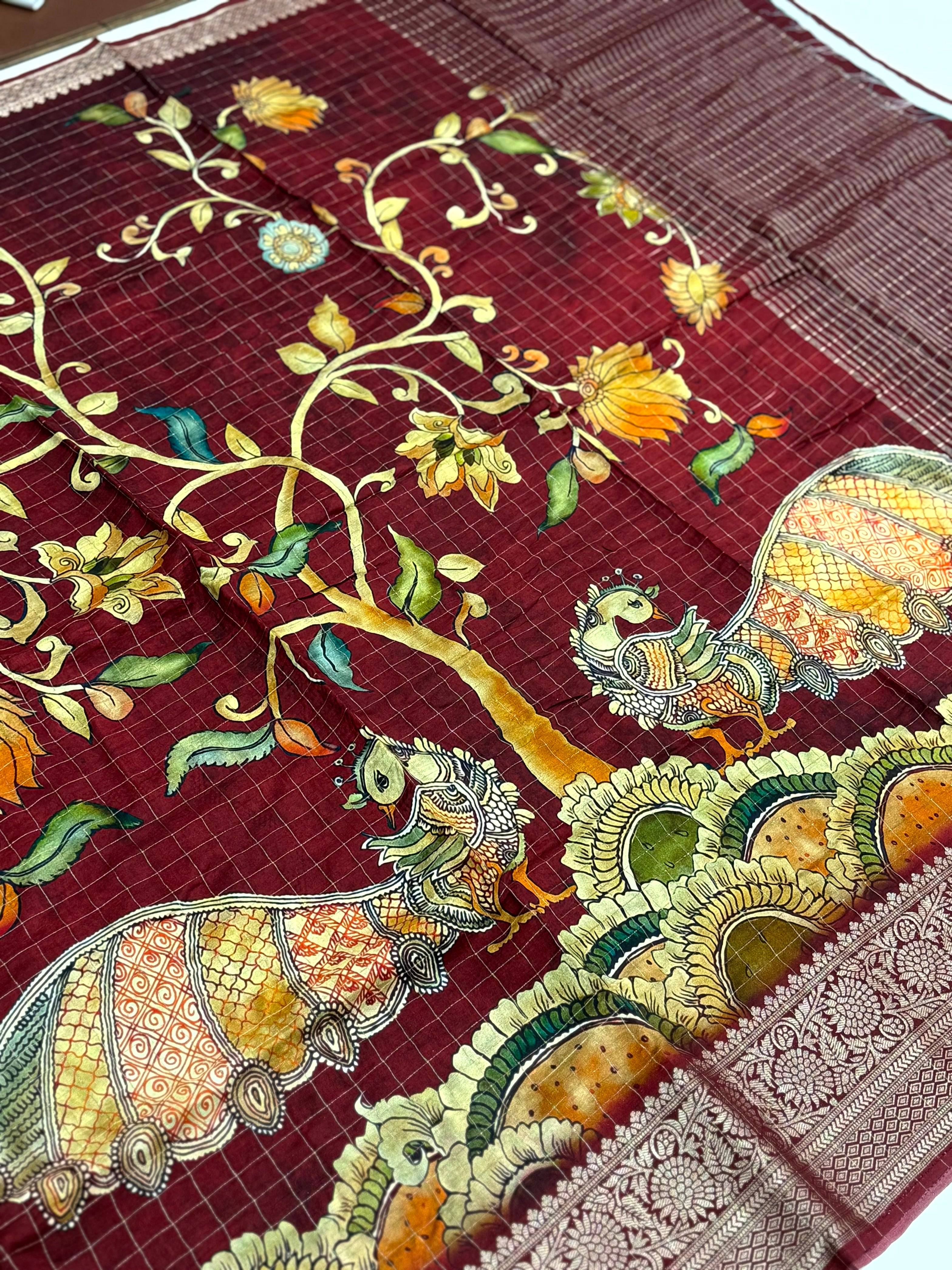 Deep Maroon Pure Viscose Kalalmkari Print Saree