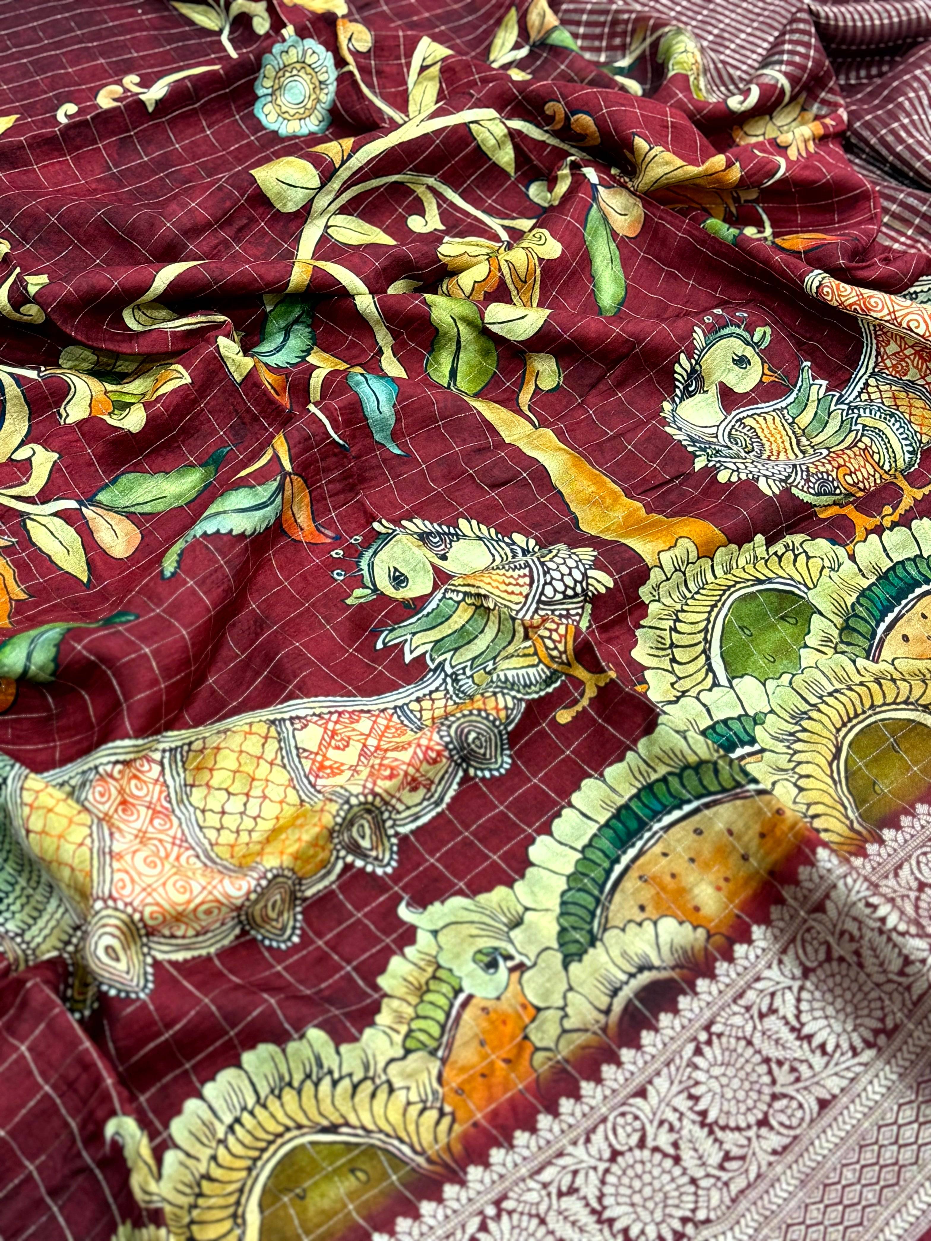 Deep Maroon Pure Viscose Kalalmkari Print Saree