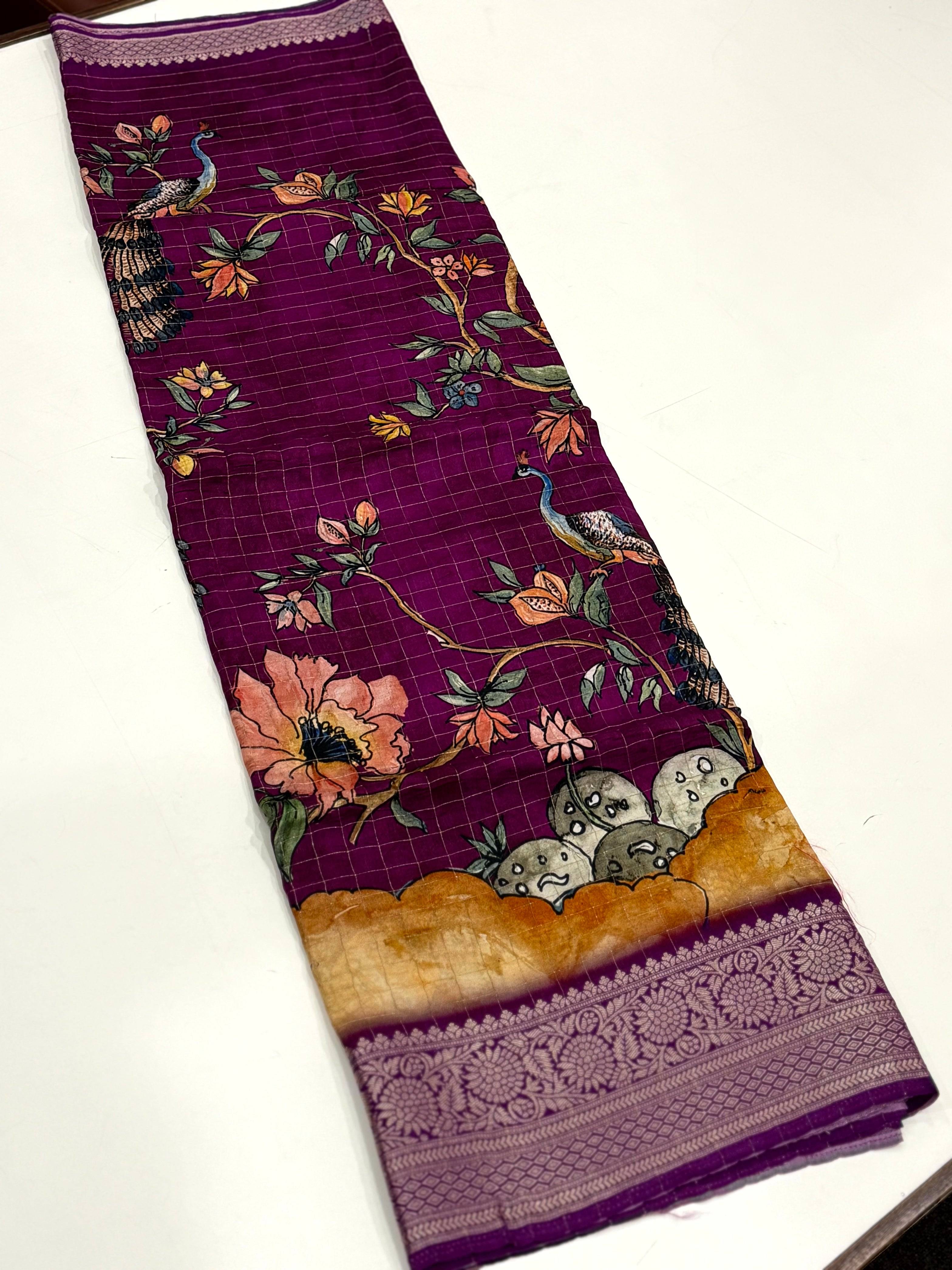 Purple Pure Viscose Kalalmkari Print Saree