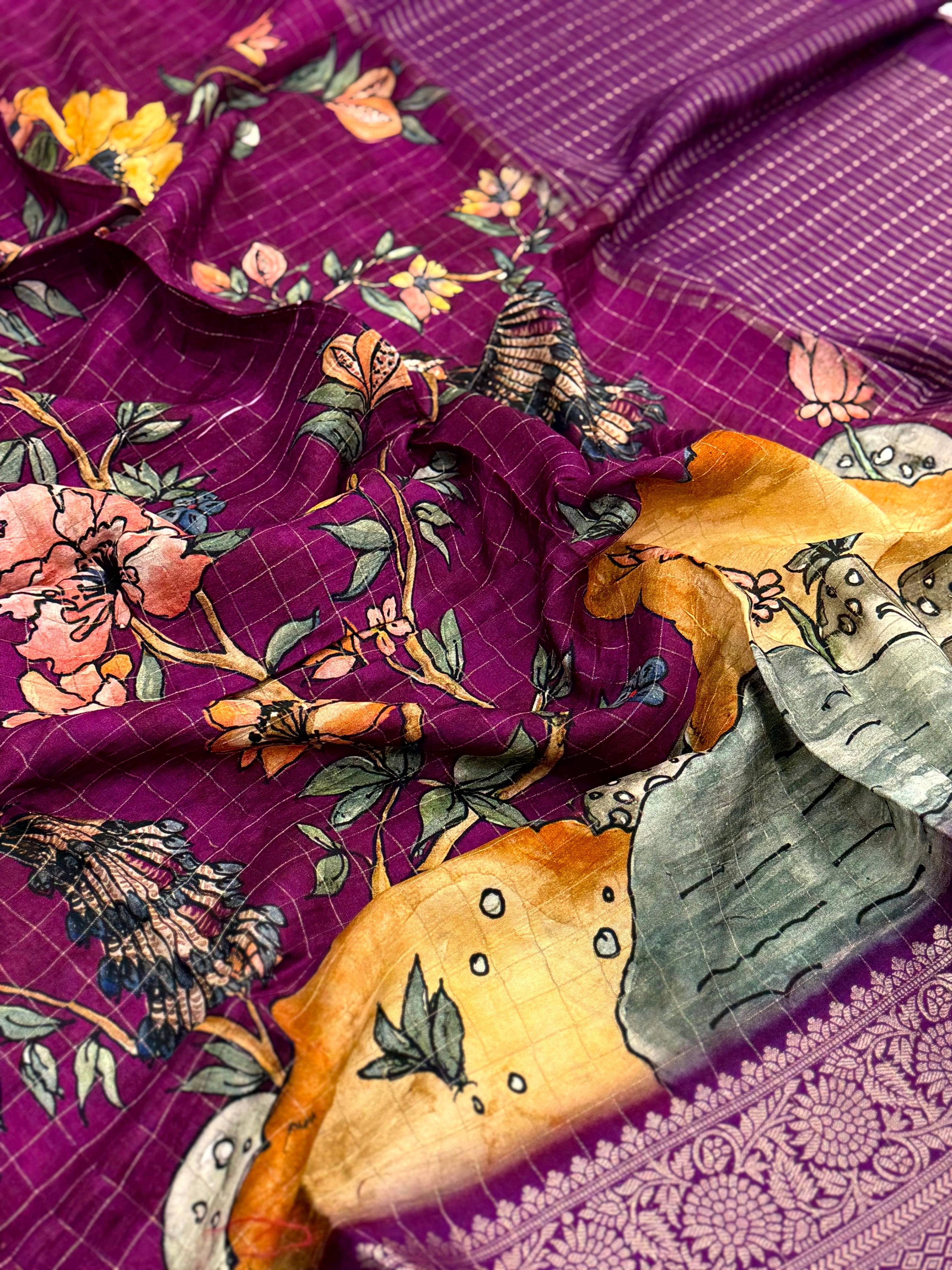 Purple Pure Viscose Kalalmkari Print Saree