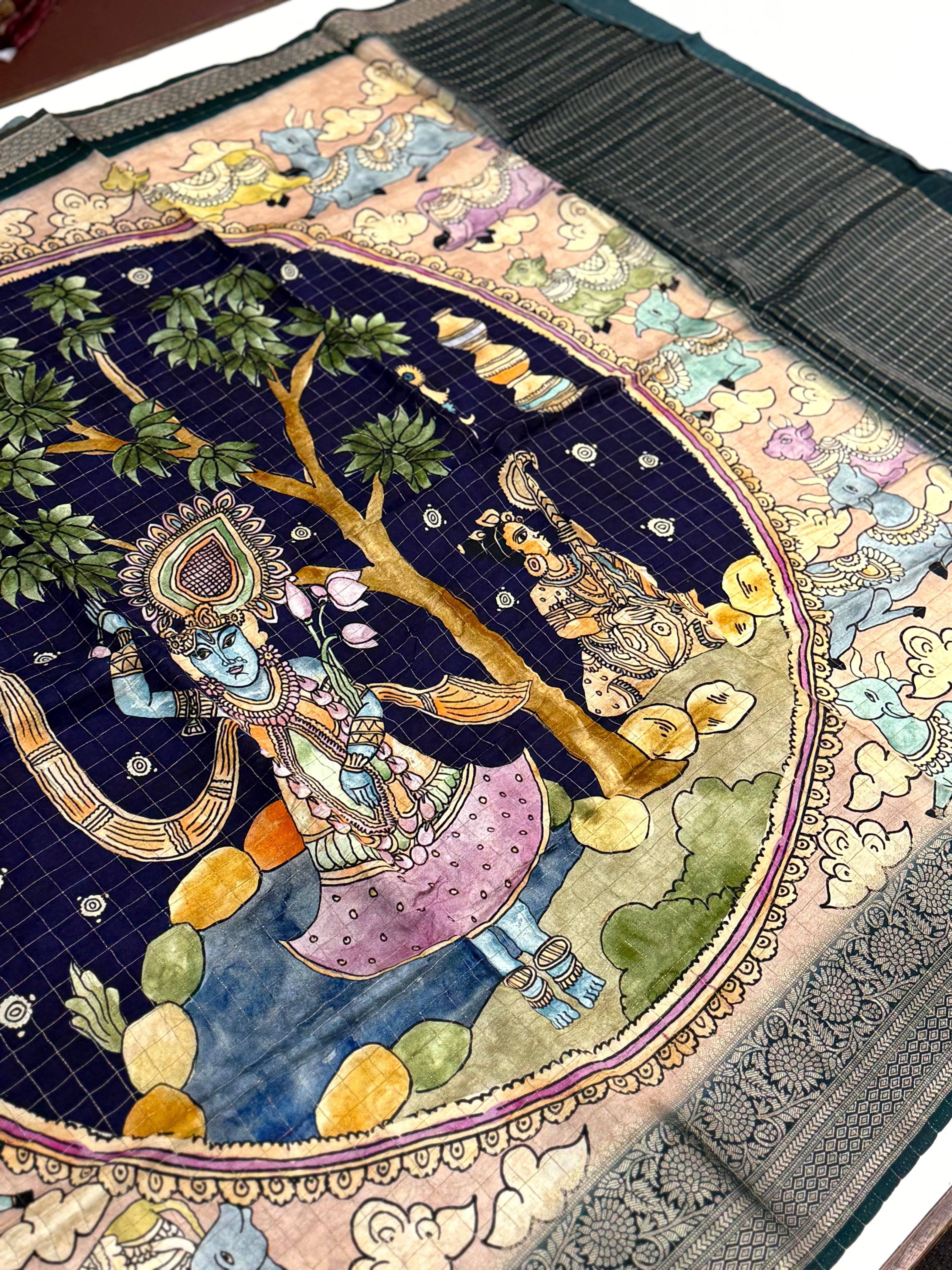 Navy Blue Pure Viscose Kalalmkari Print Saree