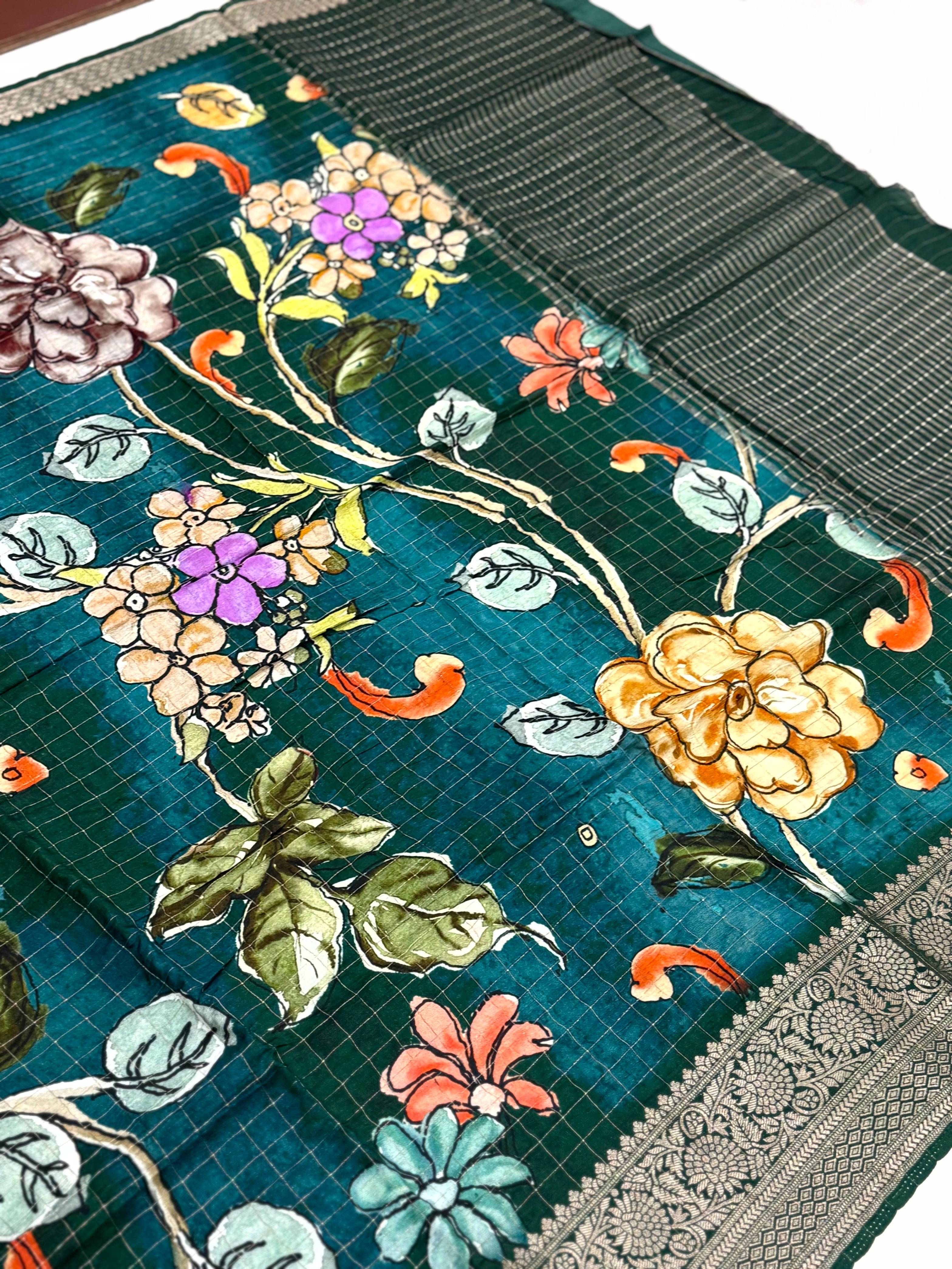 Teal Pure Viscose Kalalmkari Print Saree