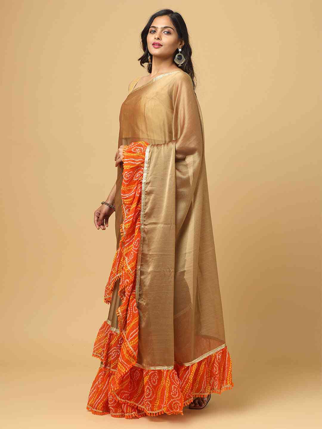 Soft Georgette Bandhej Print Ruffle Party Wear Saree