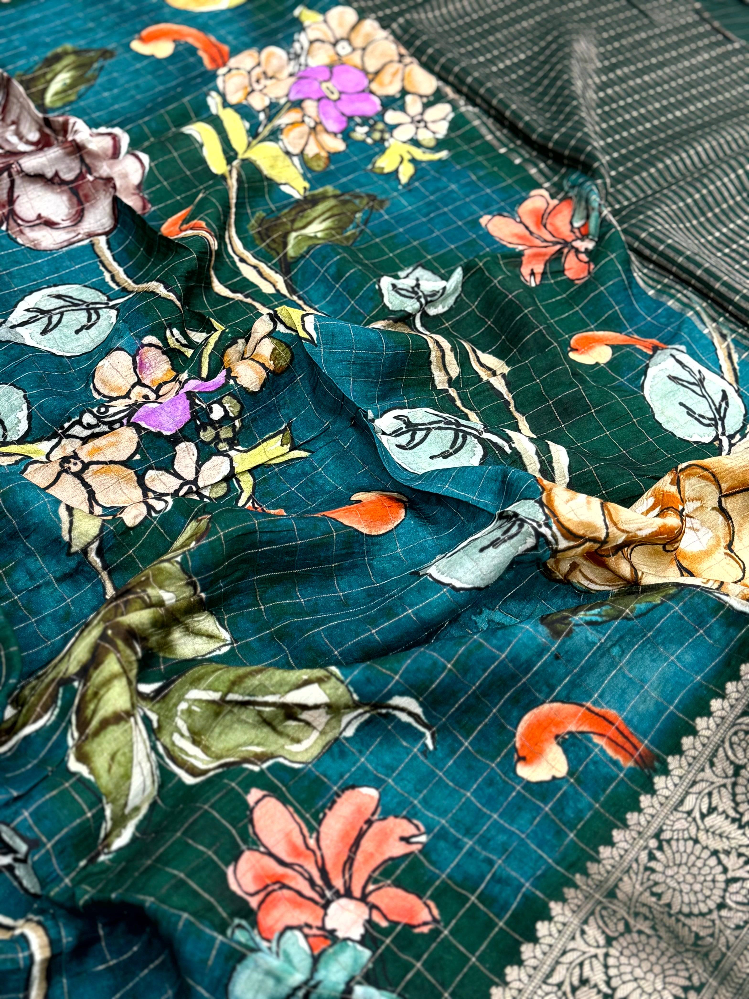 Teal Pure Viscose Kalalmkari Print Saree