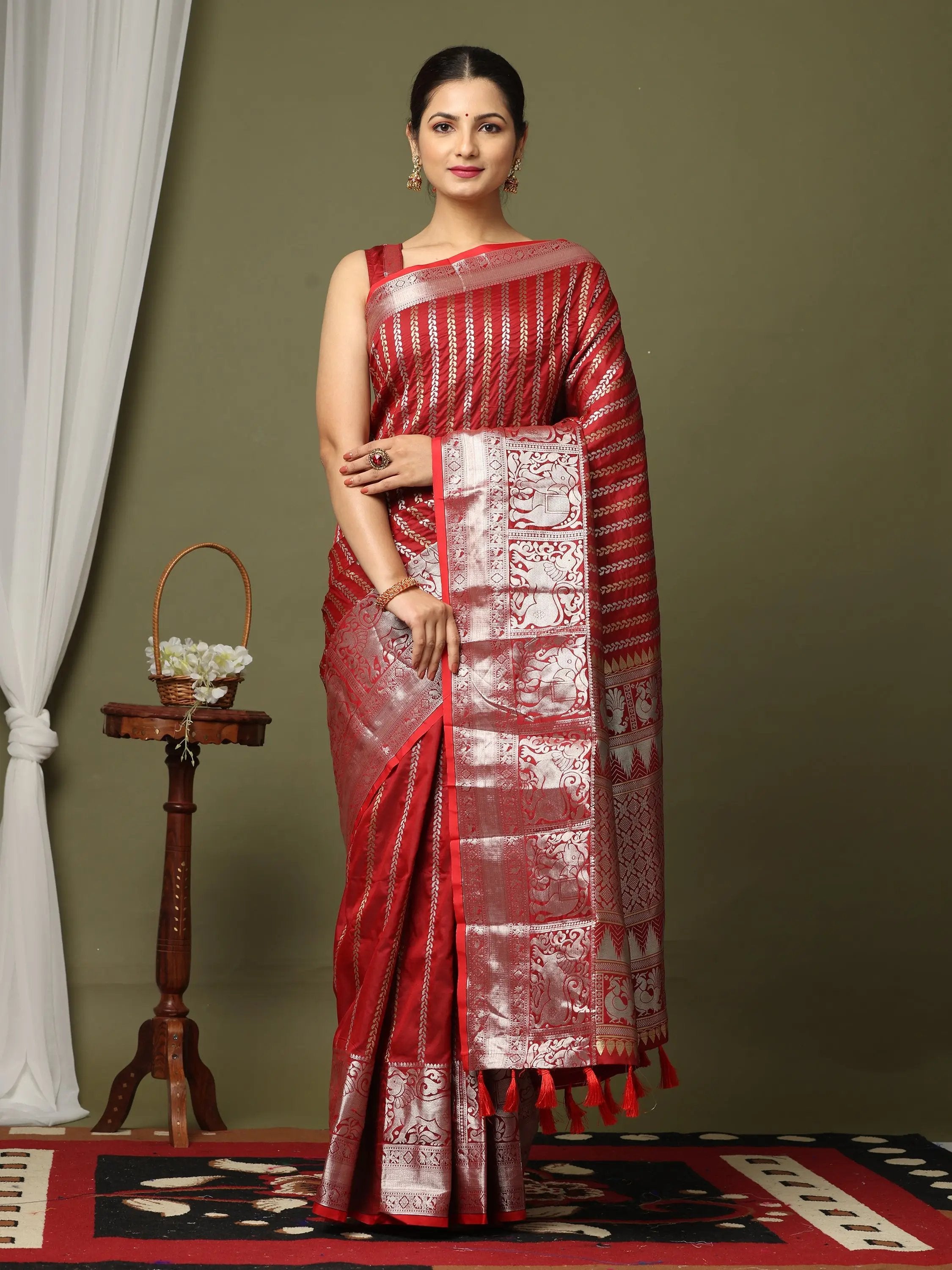 Striped Woven Design Zari Silk Blend Banarasi Saree