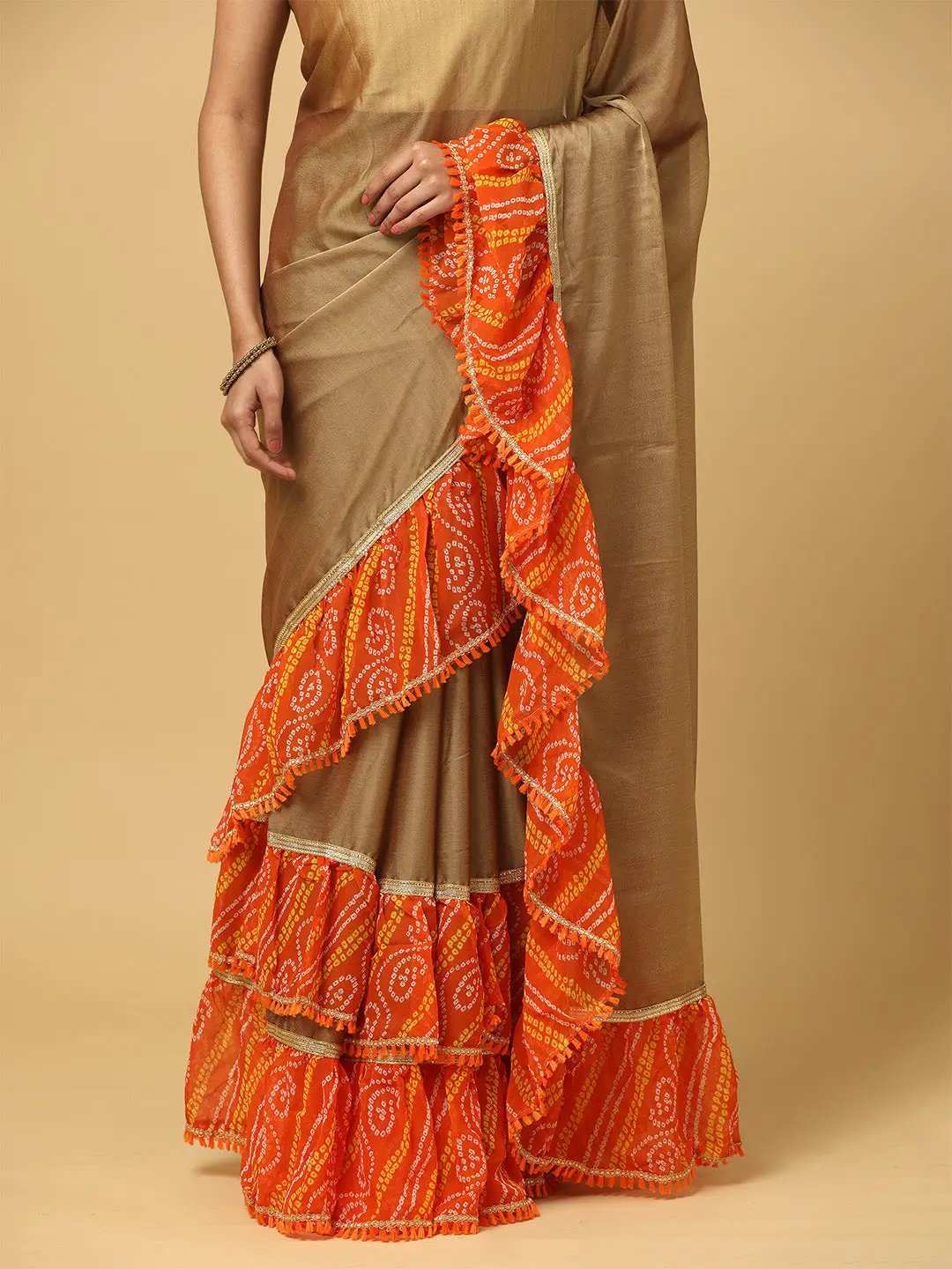 Soft Georgette Bandhej Print Ruffle Party Wear Saree