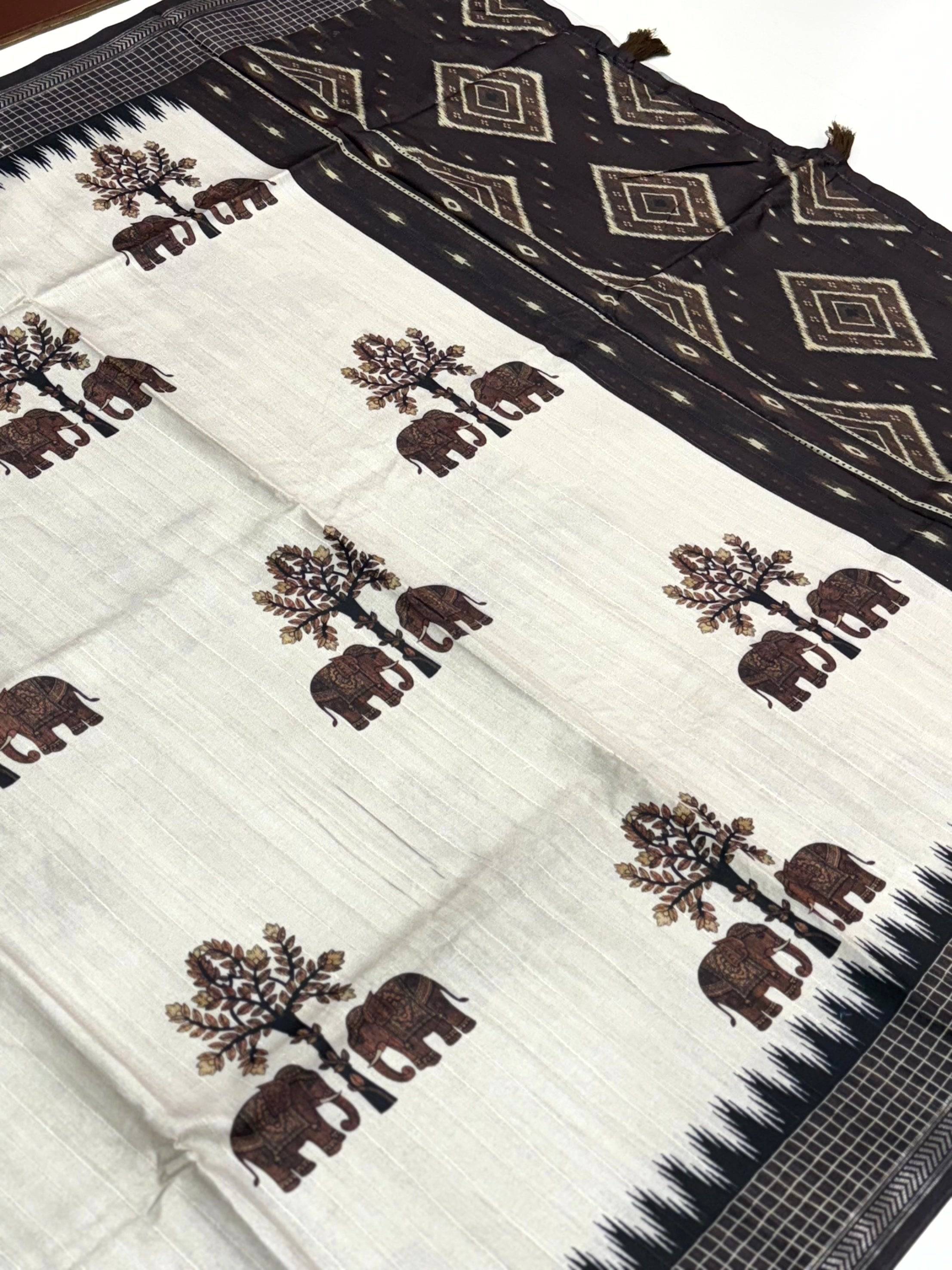 Block Printed Coffee Brown Ghicha Silk Saree