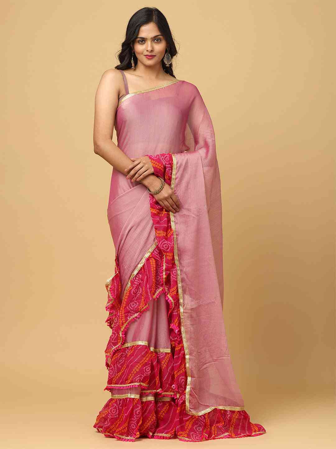 Soft Georgette Bandhej Print Ruffle Party Wear Saree