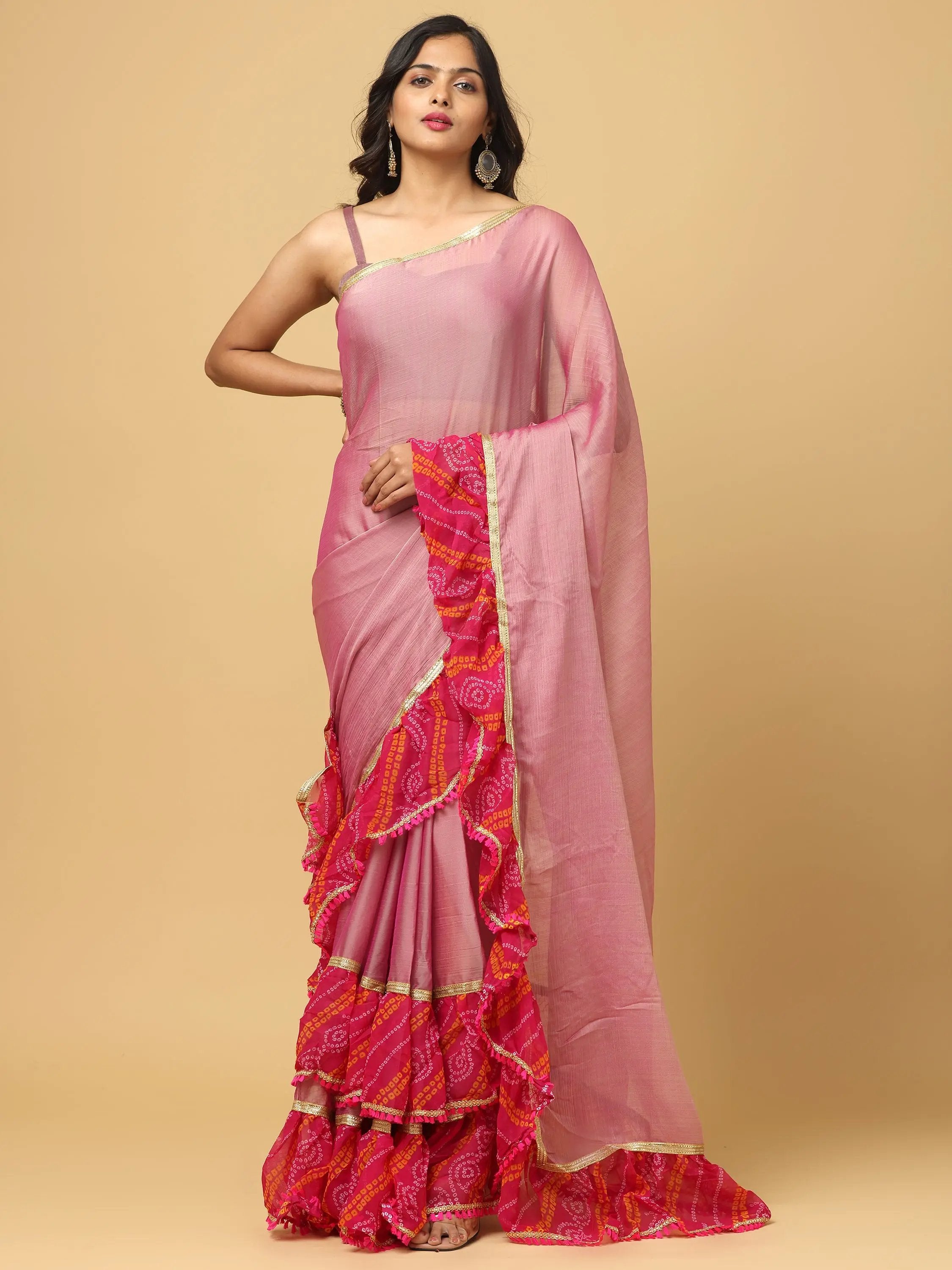 Soft Georgette Bandhej Print Ruffle Party Wear Saree