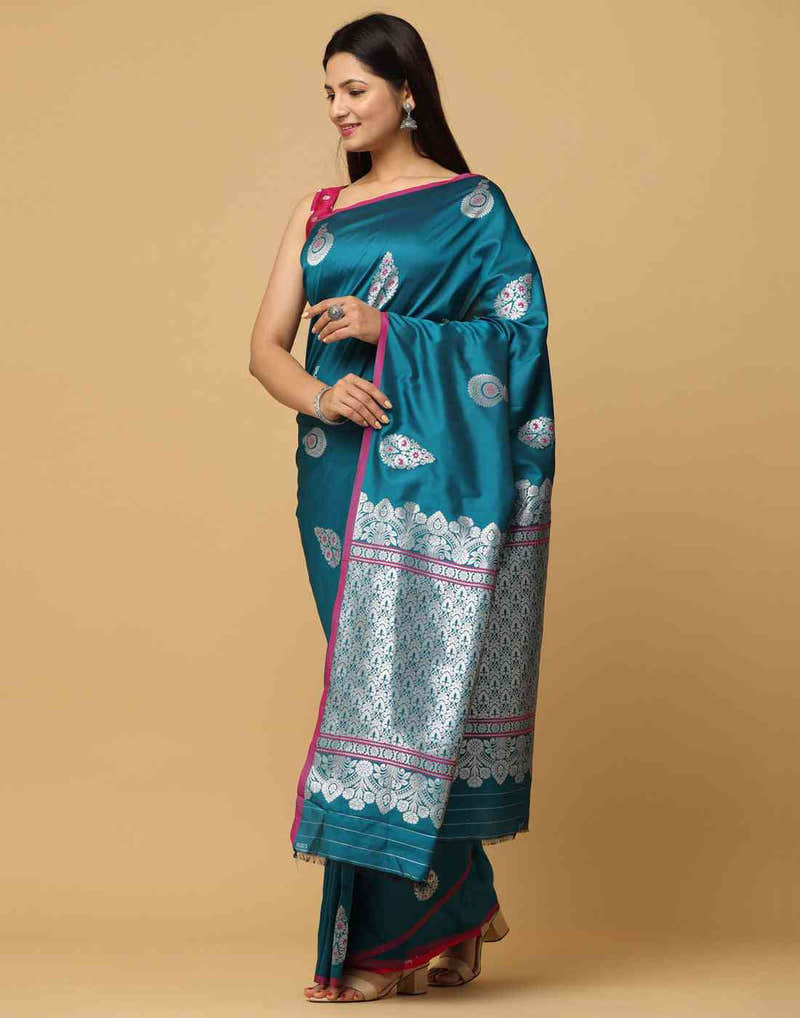Teal Colour Banarasi Katan Silk Kanchi Zari Weaving Saree