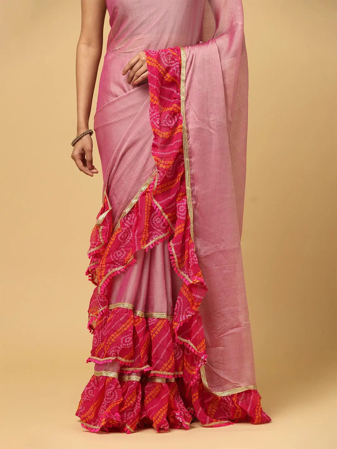 Soft Georgette Bandhej Print Ruffle Party Wear Saree