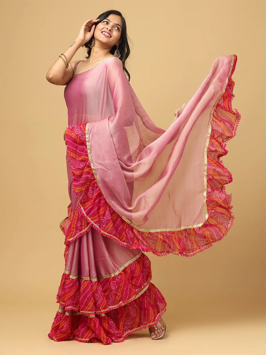 Soft Georgette Bandhej Print Ruffle Party Wear Saree