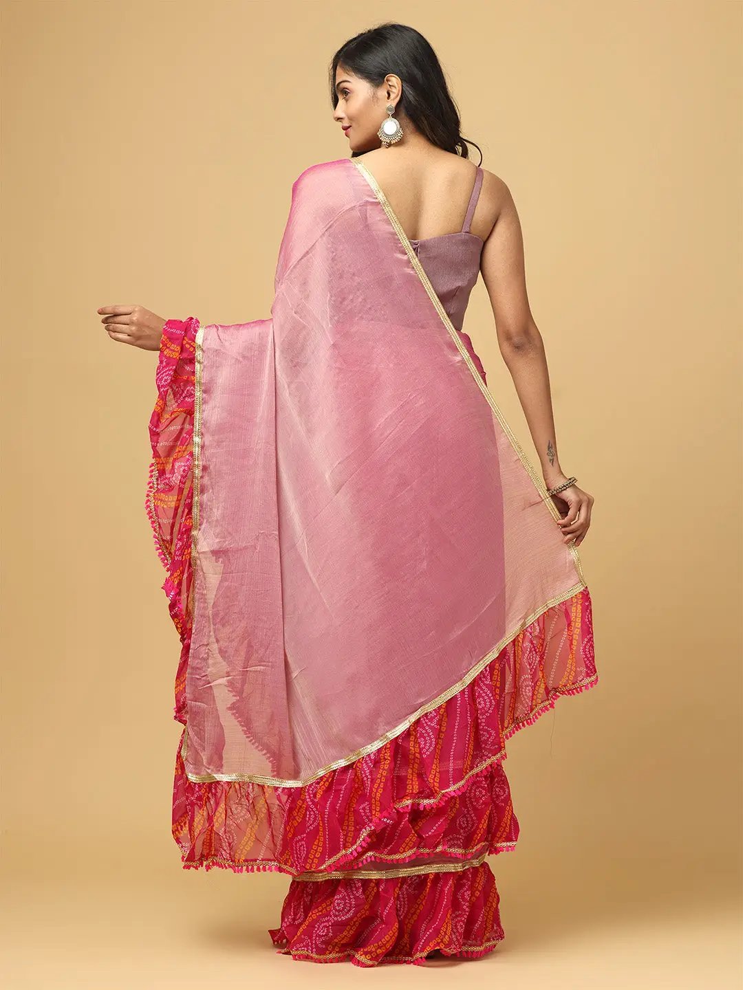 Soft Georgette Bandhej Print Ruffle Party Wear Saree