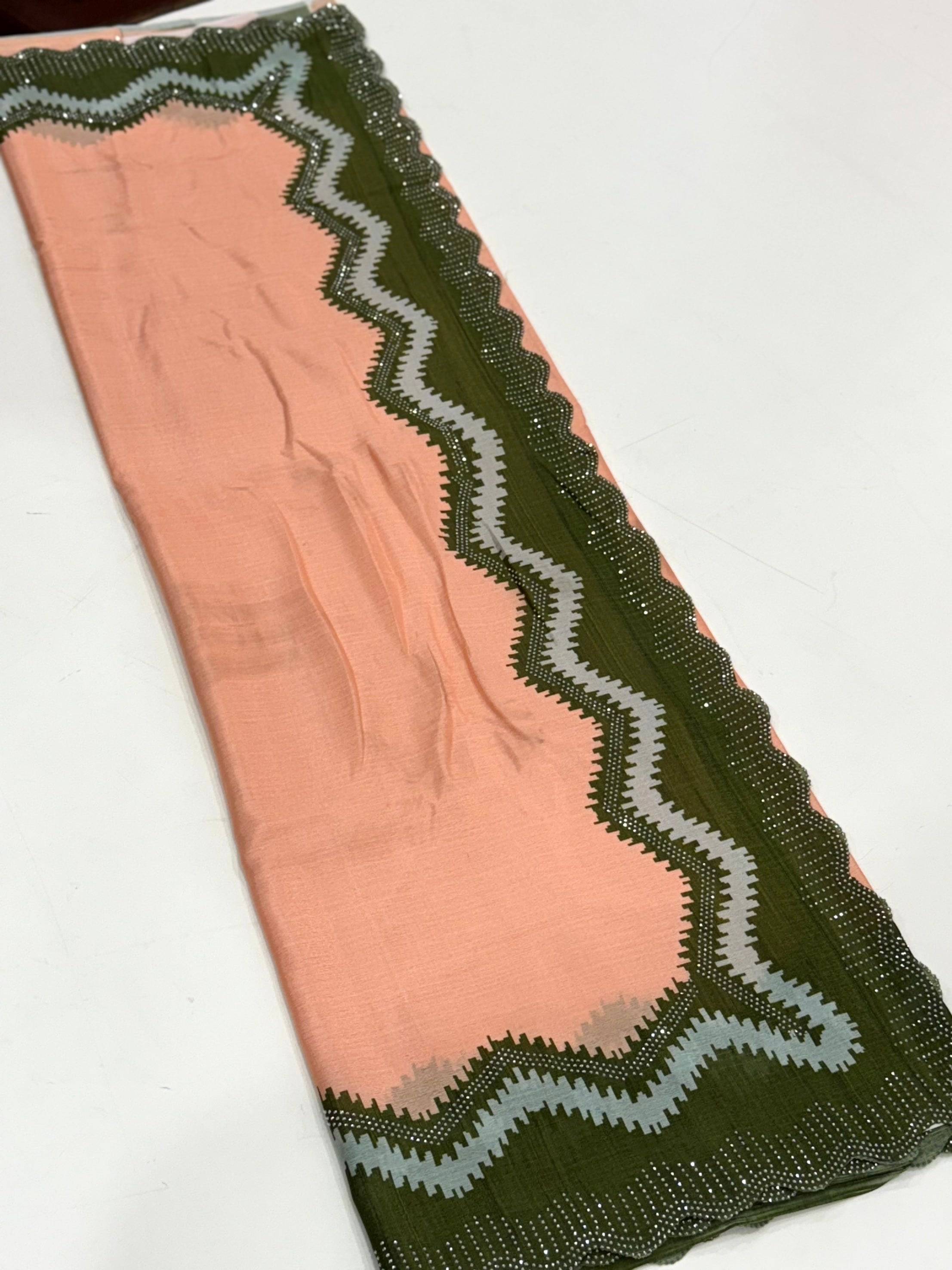 Peach Soft Chinnon Swarovski Work Saree