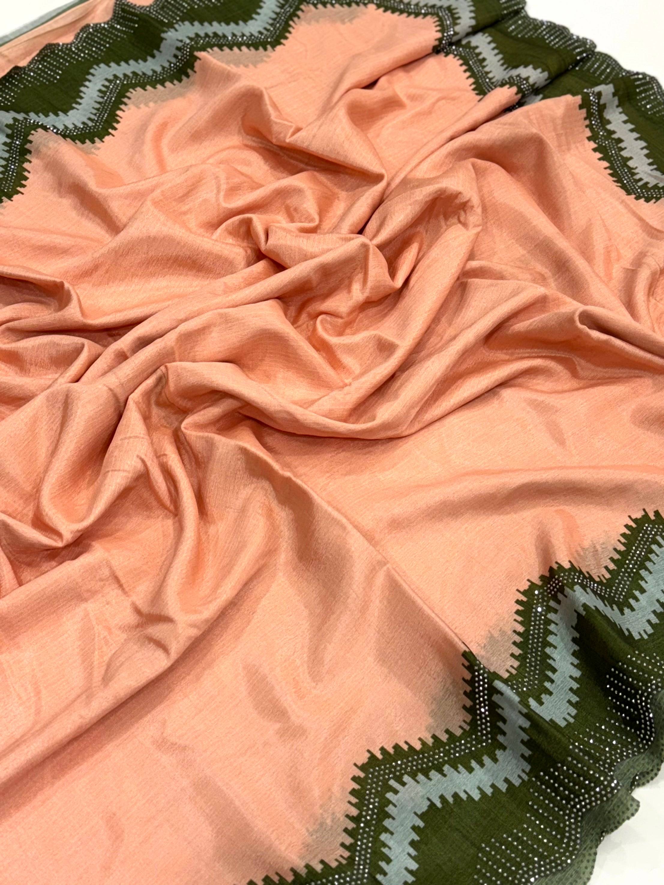 Peach Soft Chinnon Swarovski Work Saree