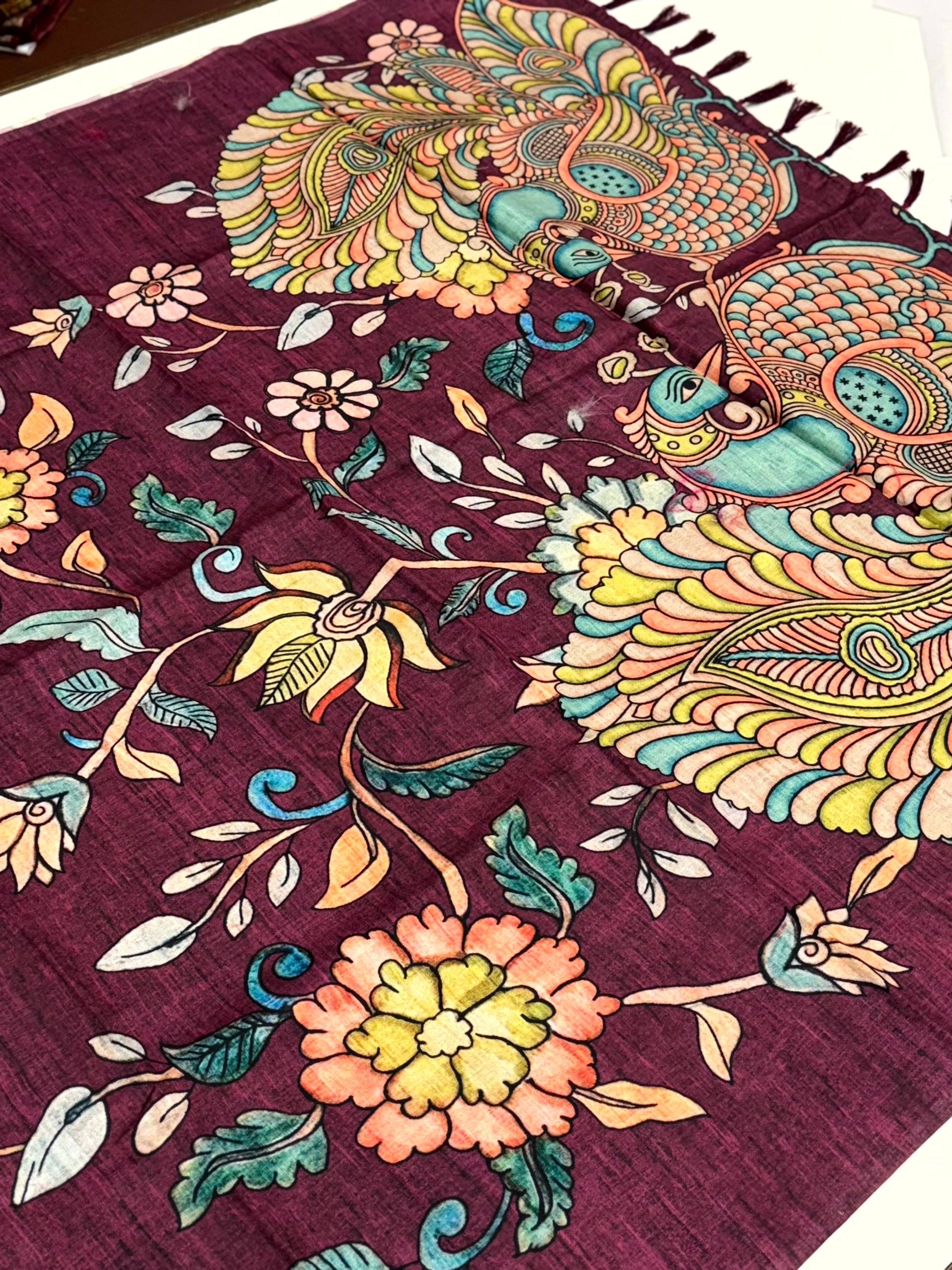 Wine Soft Semi Tussar Digital Print Saree