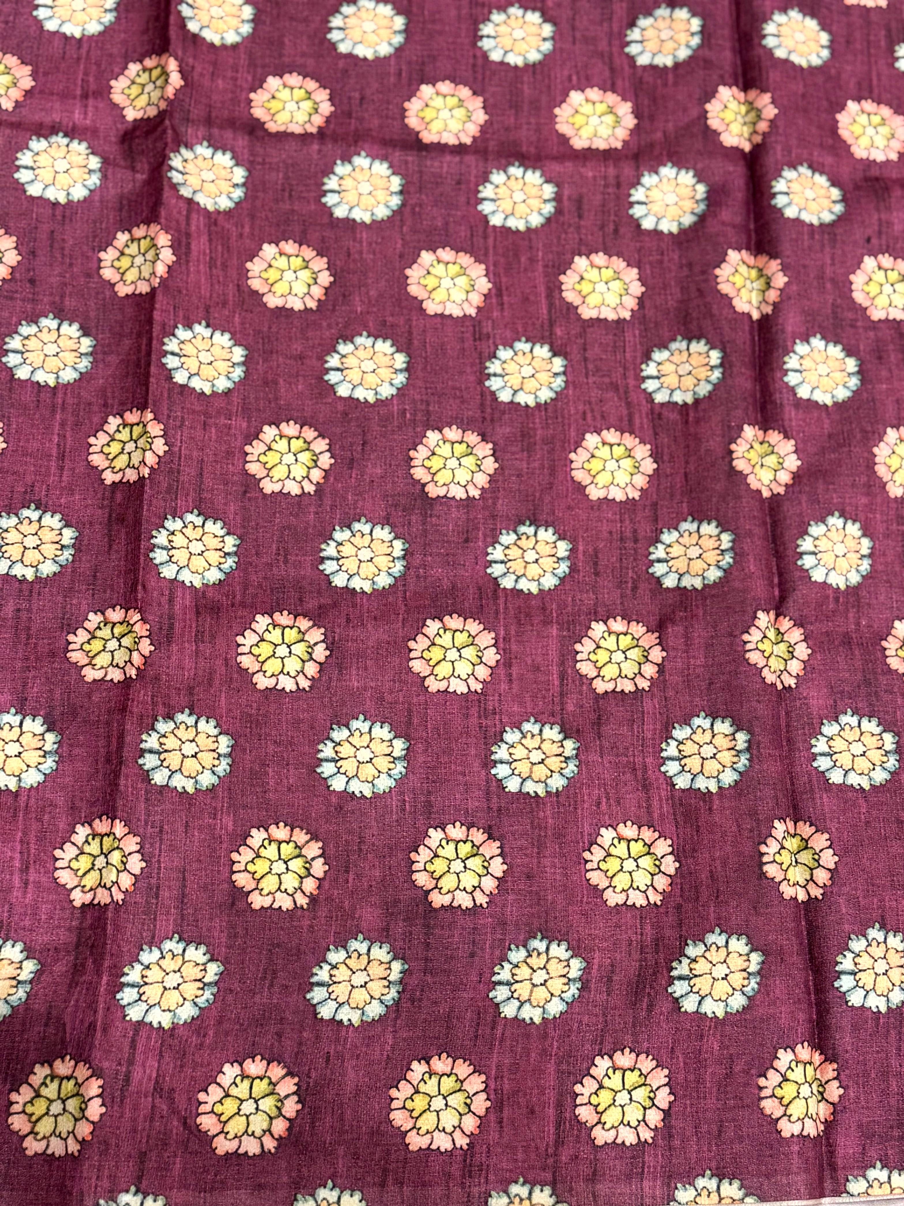Wine Soft Semi Tussar Digital Print Saree