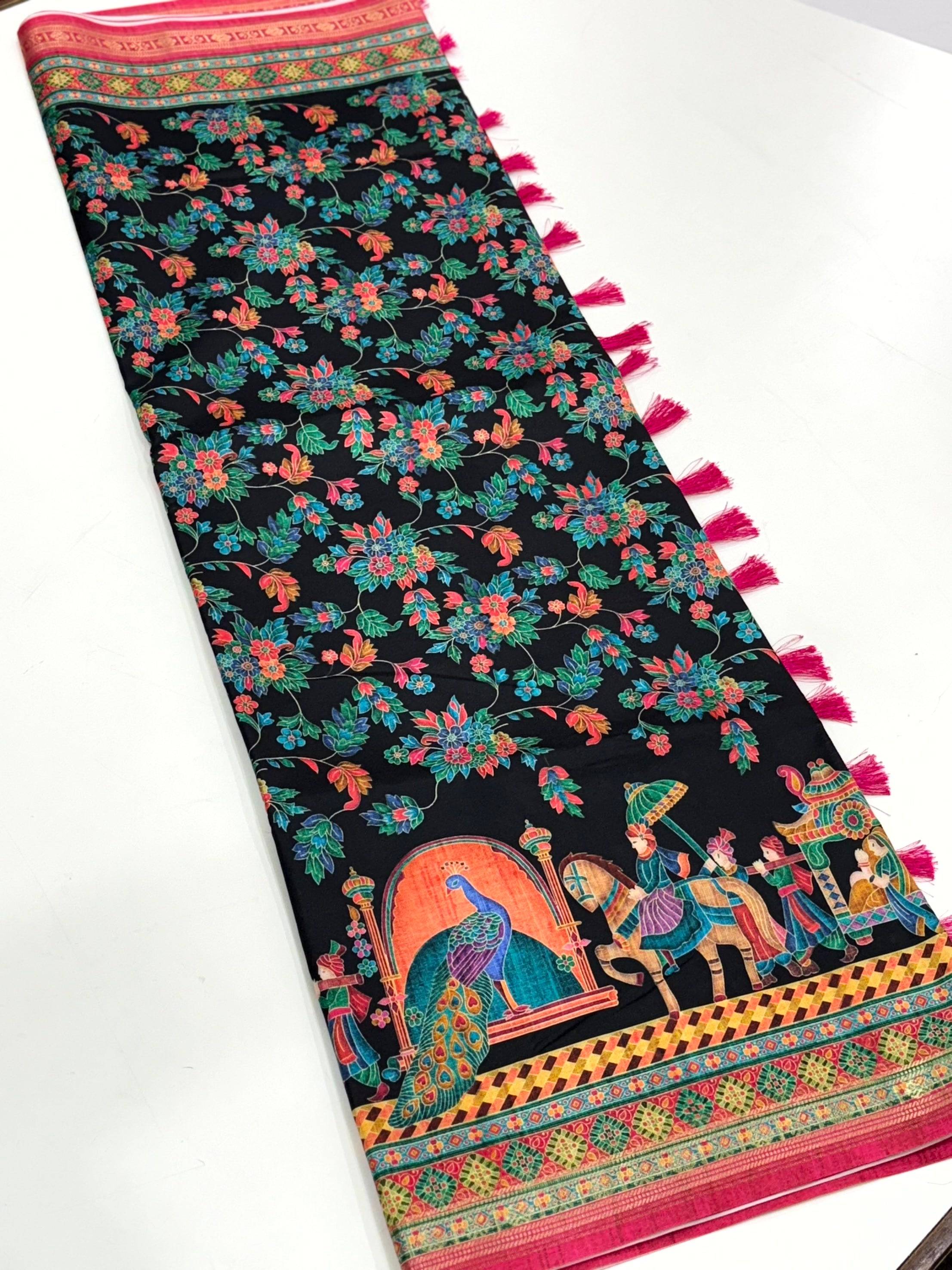 Black Soft Silk Pashmina Kashmiri Print Saree