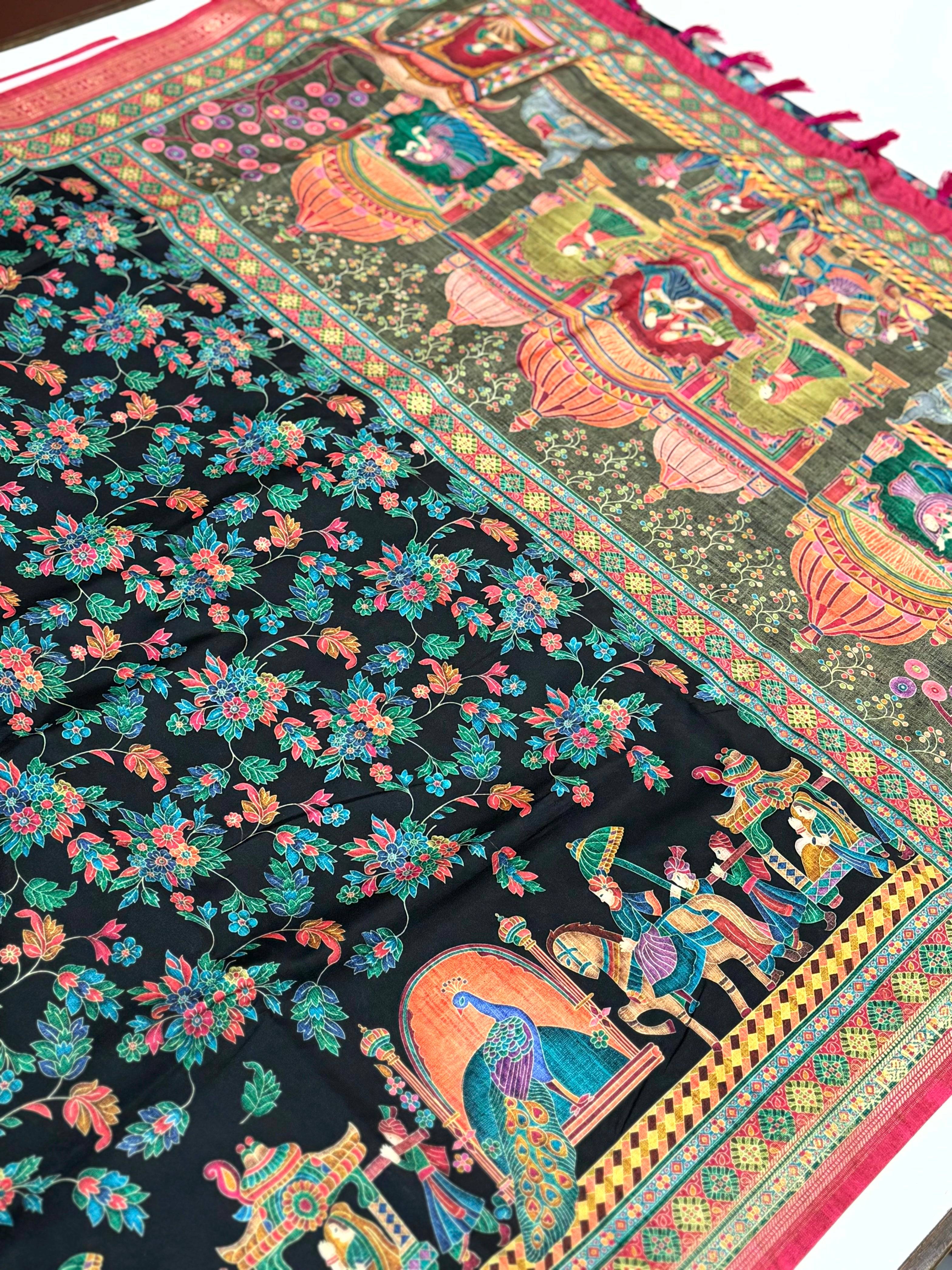 Black Soft Silk Pashmina Kashmiri Print Saree