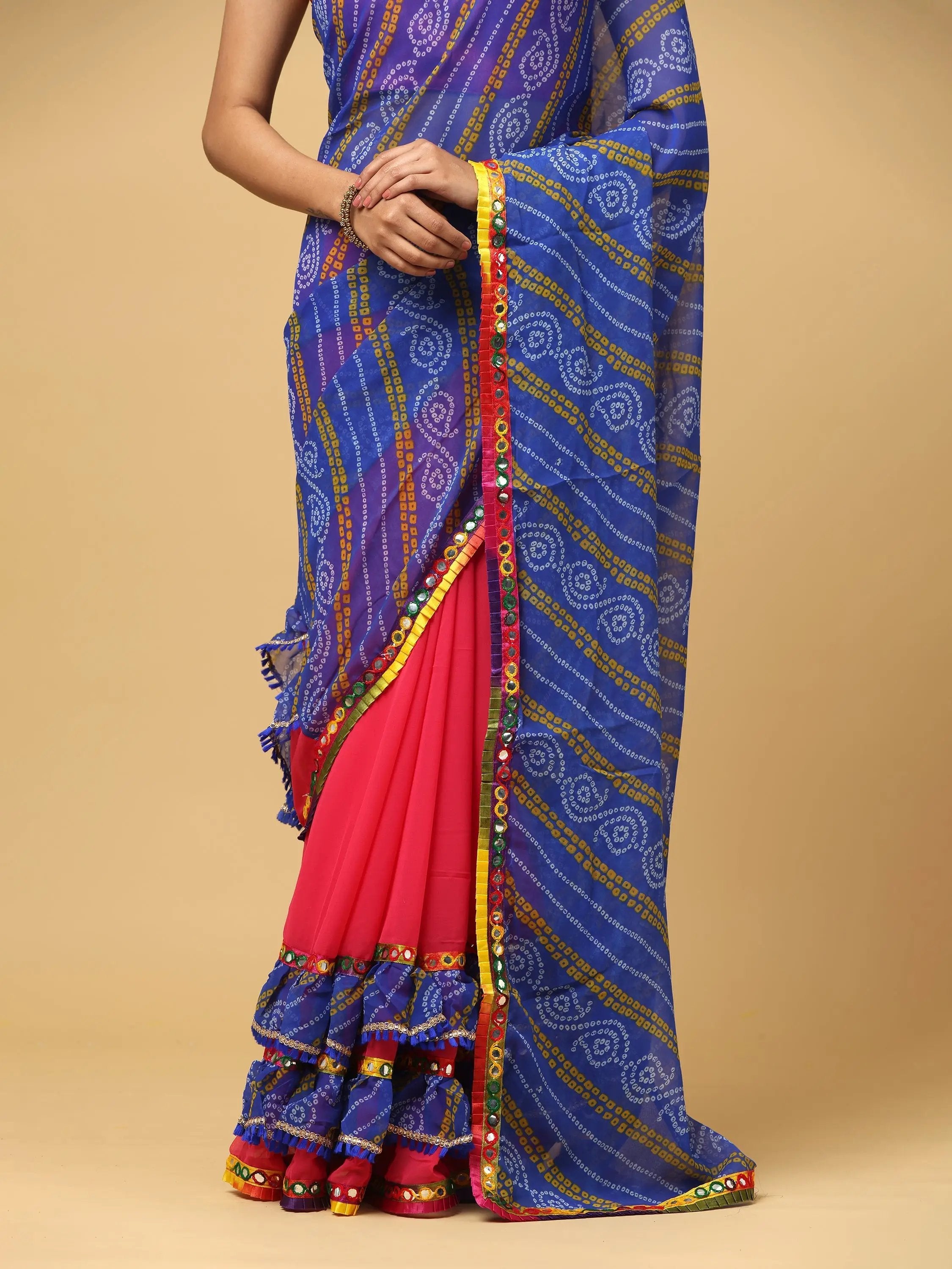 Soft Georgette Bandhej Print Ruffle Party Wear Saree