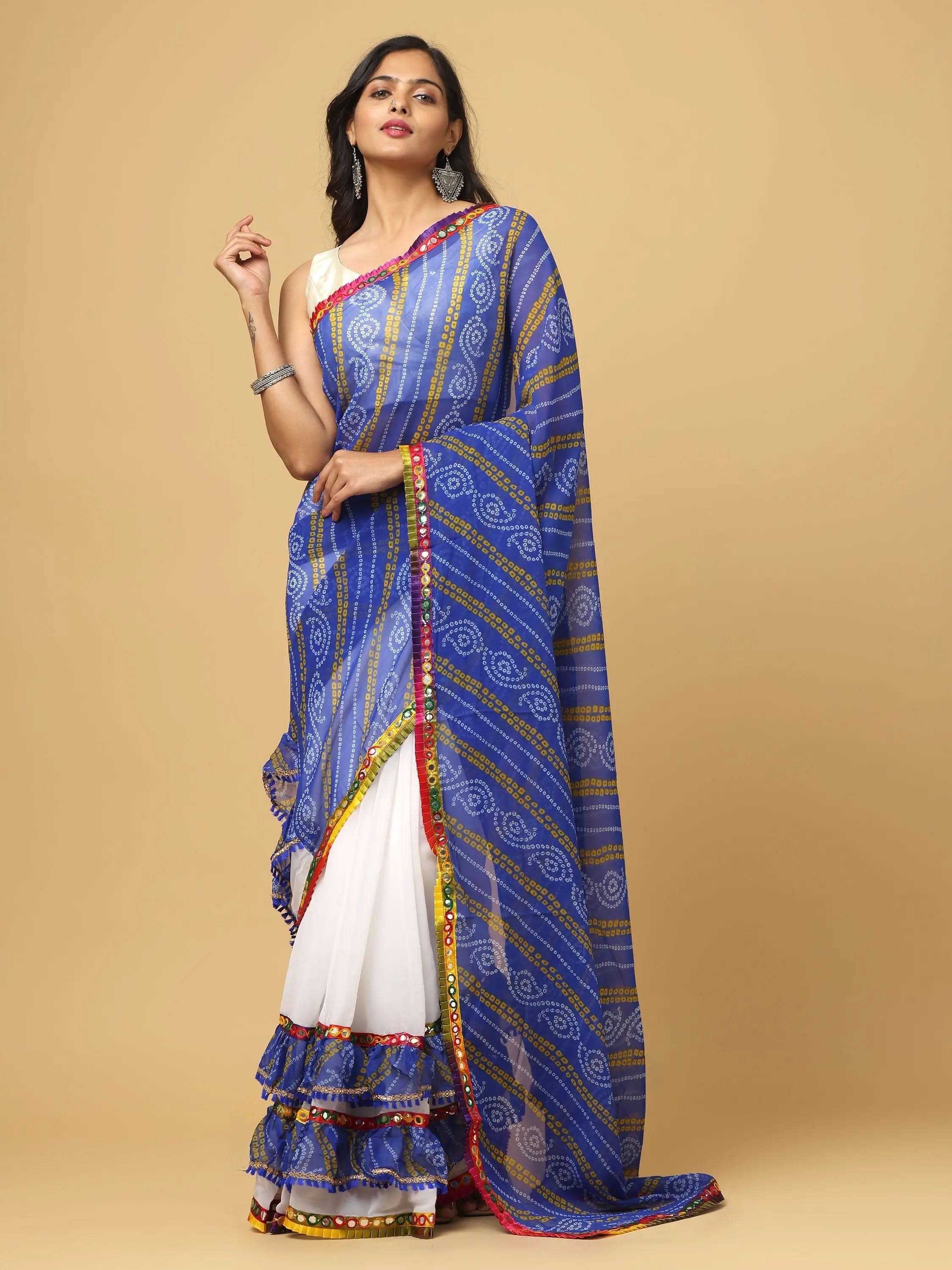 Soft Georgette Bandhej Print Ruffle Party Wear Saree