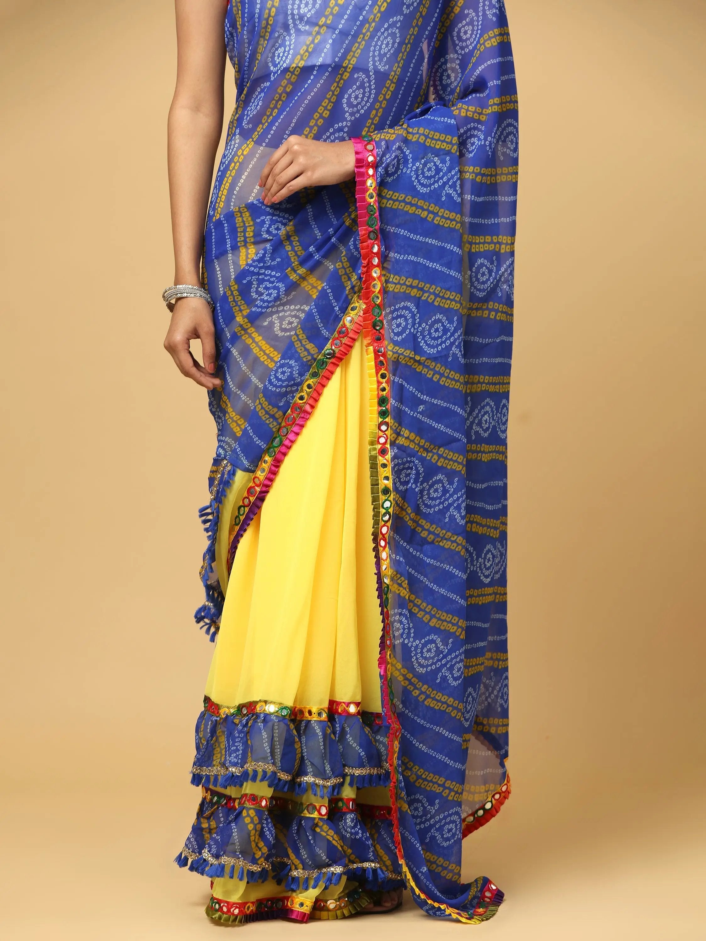 Soft Georgette Bandhej Print Ruffle Party Wear Saree
