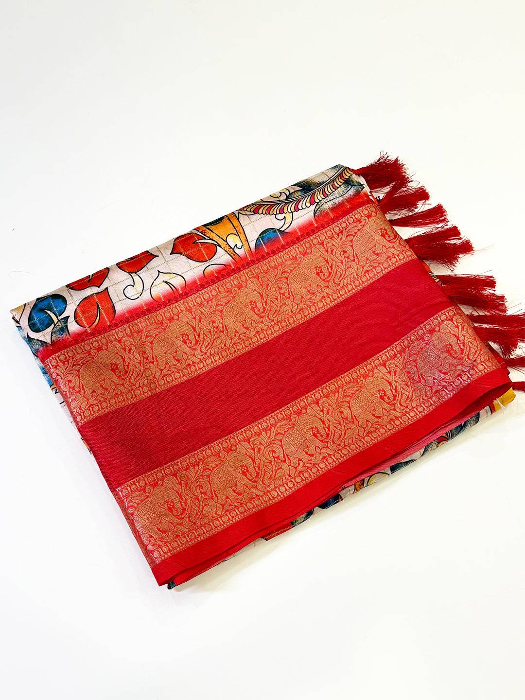 Cream Fish Kalamkari Gadwal Saree