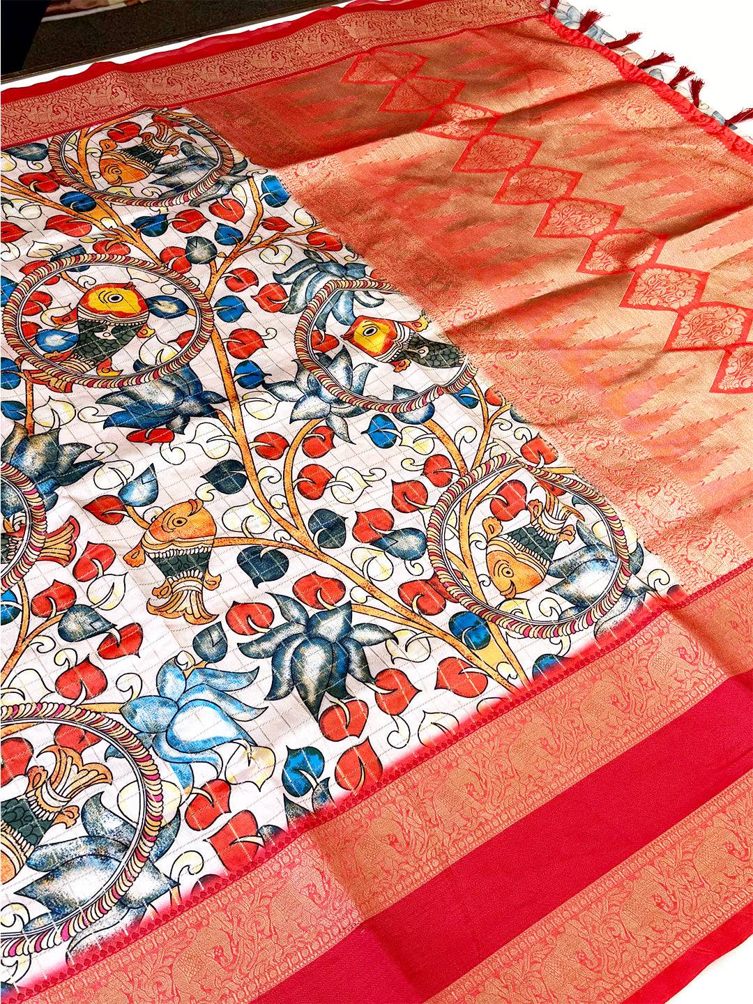 Cream Fish Kalamkari Gadwal Saree