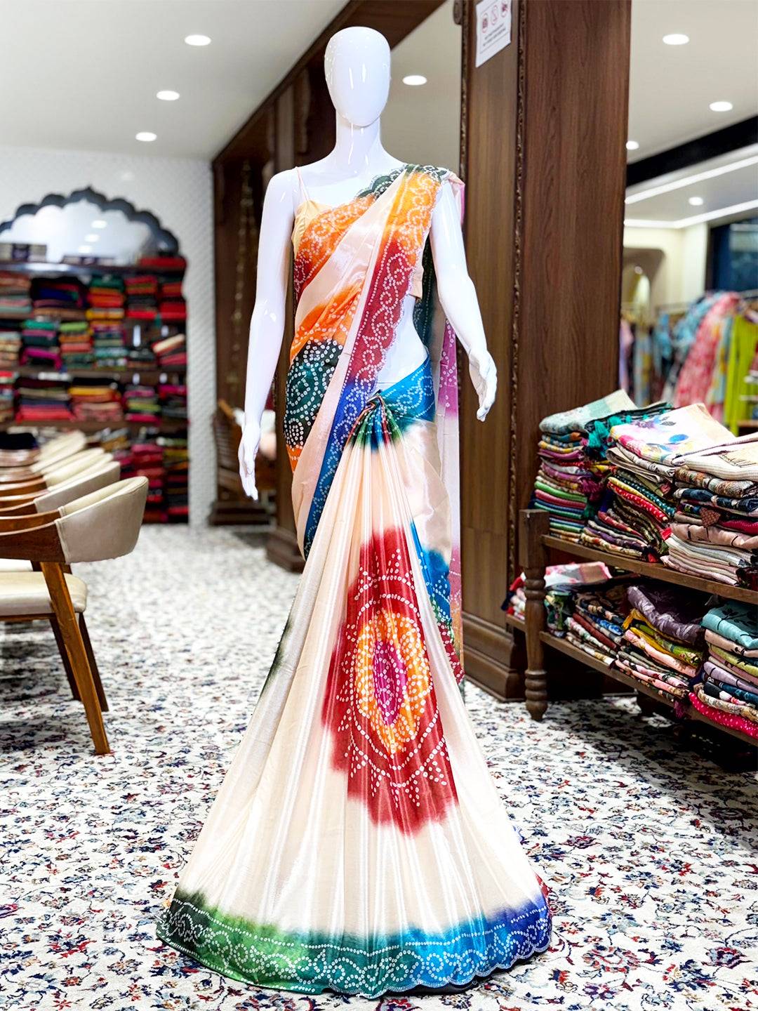 Stylish Chiffon Bandhej Swarovski Saree