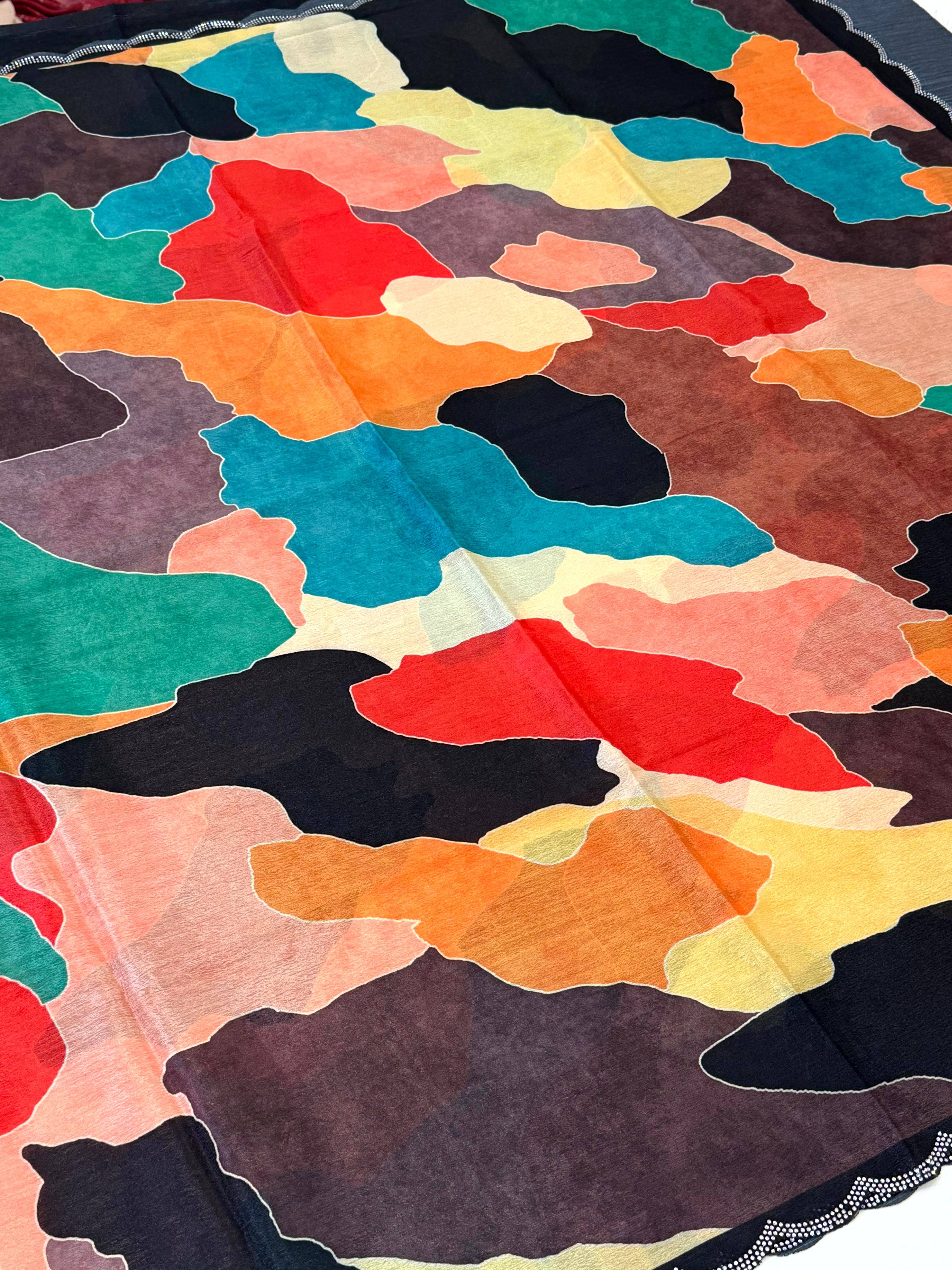 Opulent Freehand Abstract Chinnon Saree