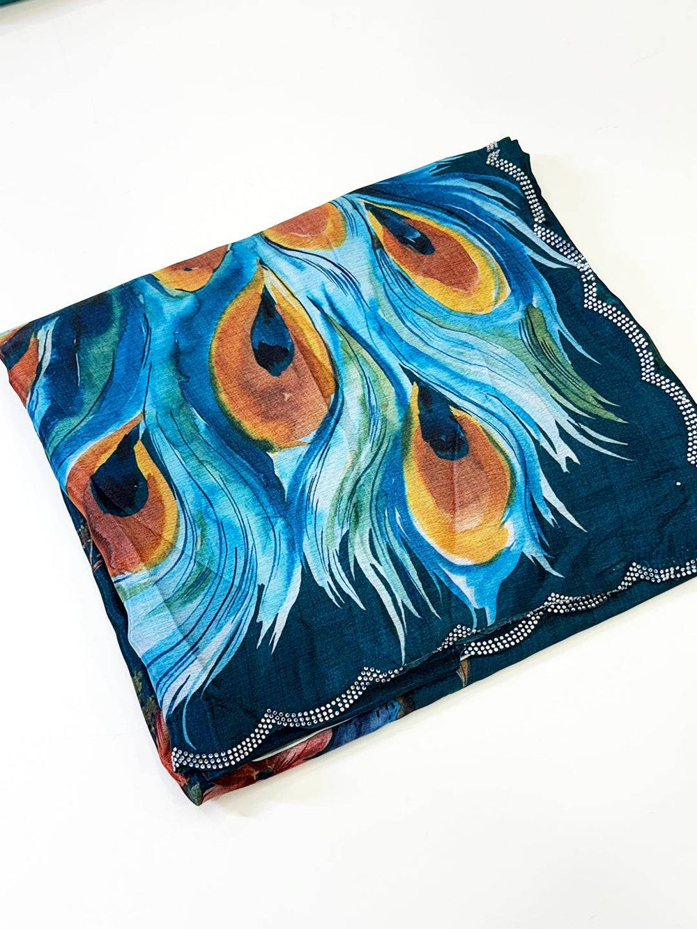 Teal Chinnon Swarovski Floral Saree